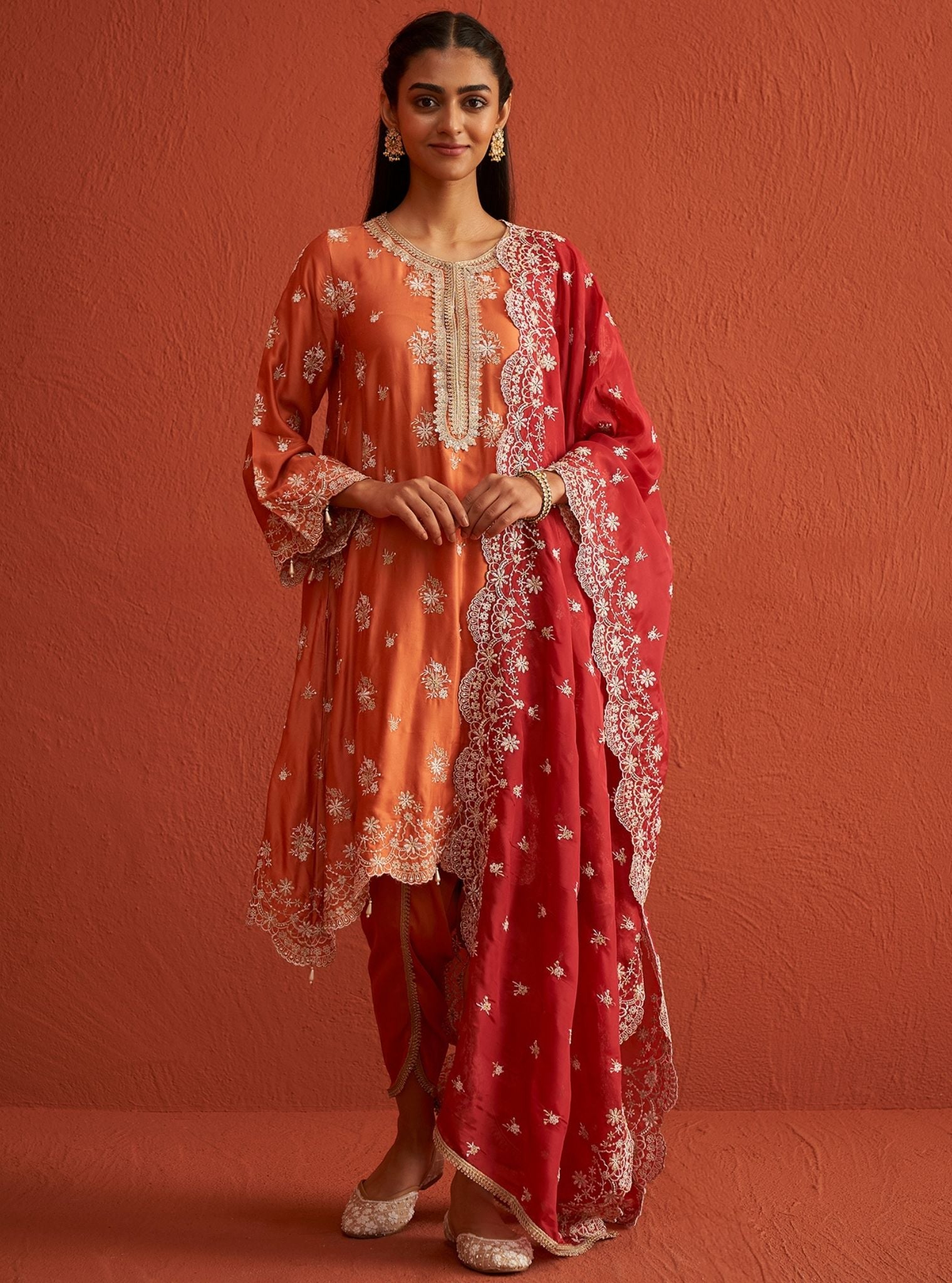 Mulmul Bemberg Satin Kangna Burnt Orange Kurta With Mulmul Bemberg Satin Kangna Burnt Orange Pant