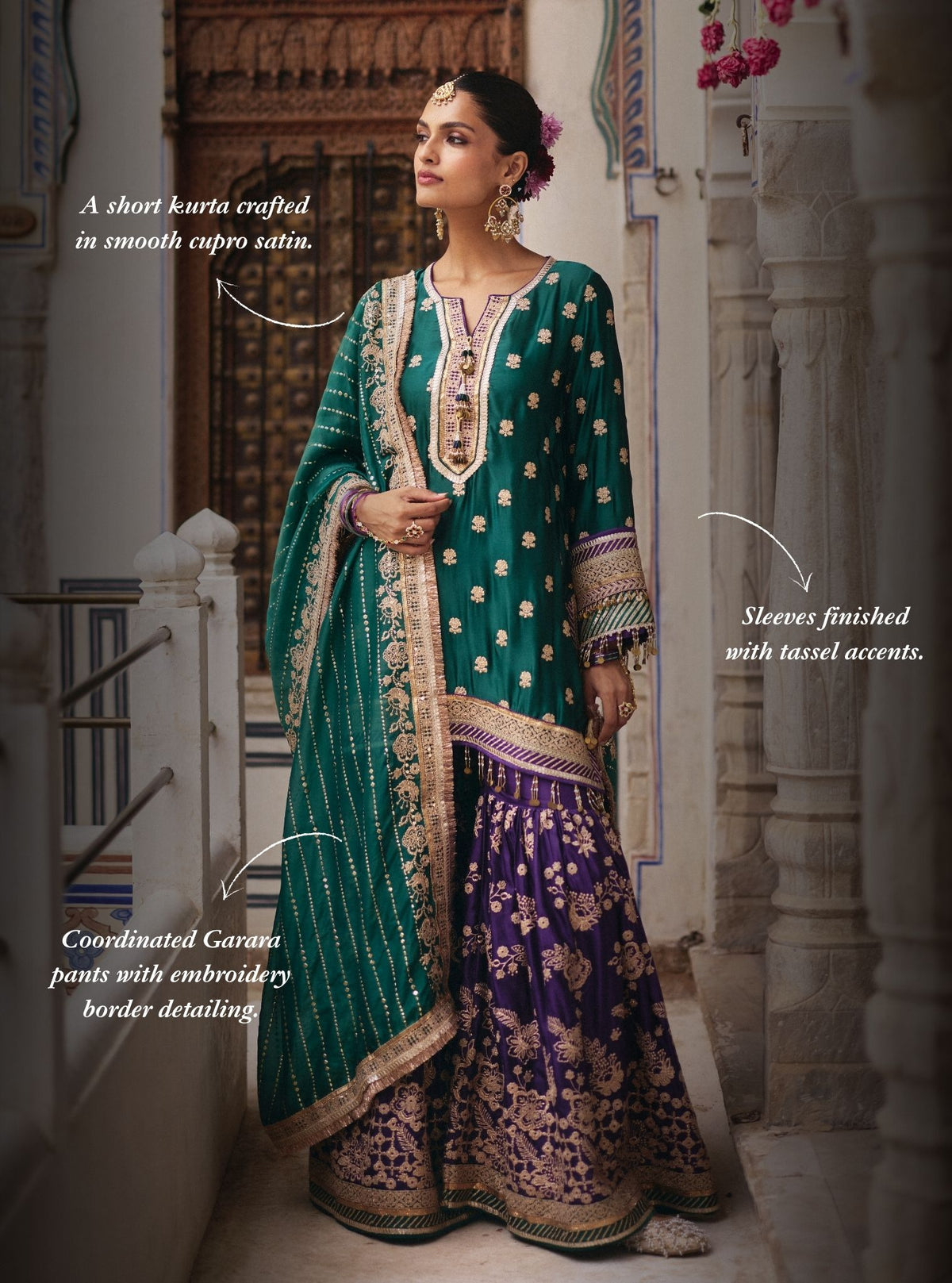 Surkhi Cupro Satin Emerald Green Kurta with Garara