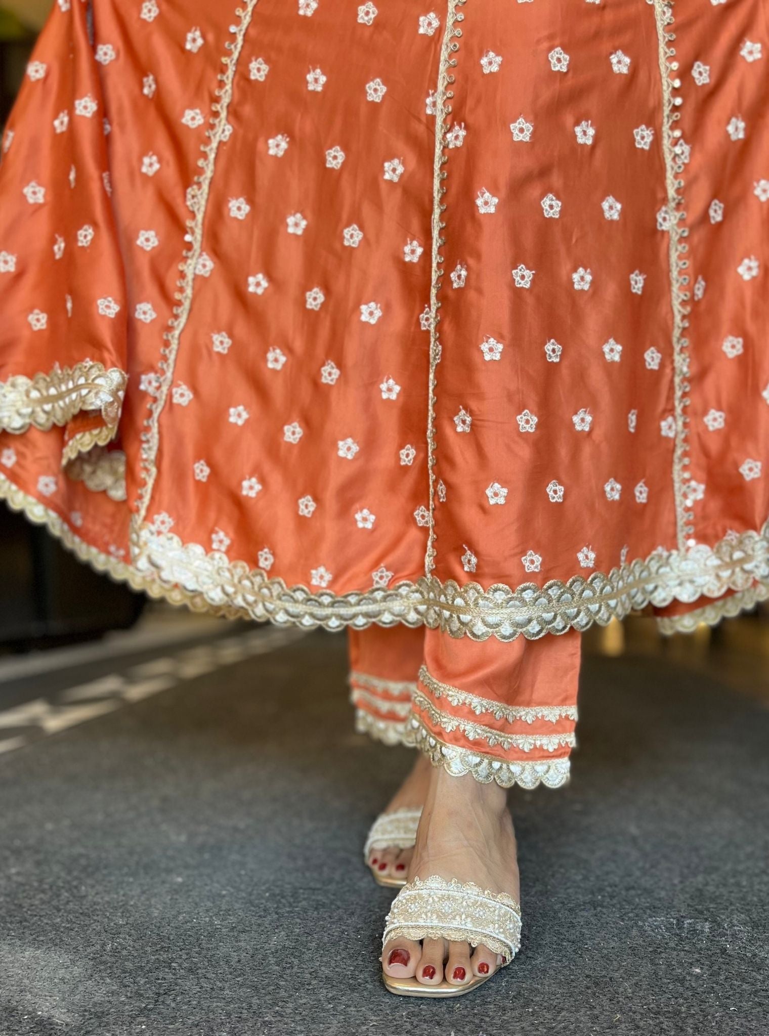 Modal Satin Louna Burnt Orange Anarkali Kurta With Mulmul Satin Louna Burnt Orange Pant