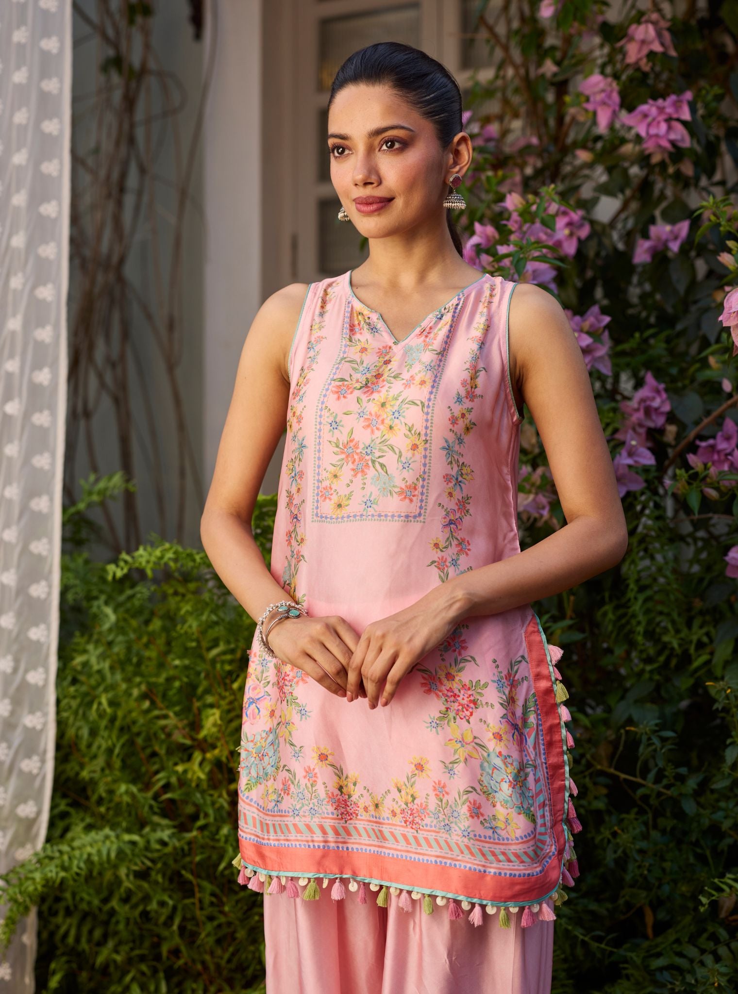 Zivae Cupro Satin Printed Pink Kurta Set