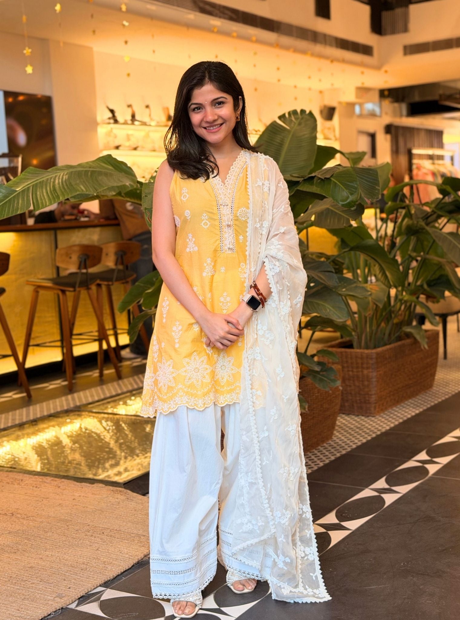 Zoa Supima Cotton Yellow Kurta With Viona White Farshi Salwar