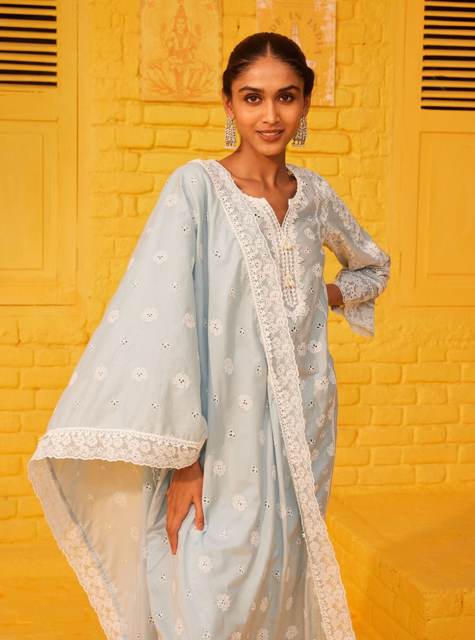 Mulmul Cotton Tamaya Light Blue Kurta With Mulmul Cotton Tamaya Light Blue Pant