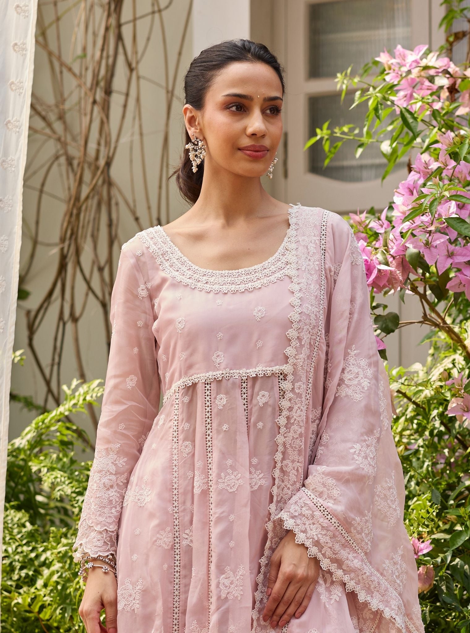 dusty pink anarkali dress Rose Pink Pure Monga Silk Handwoven Anarkali Set with Hand-embroidered Dupatta