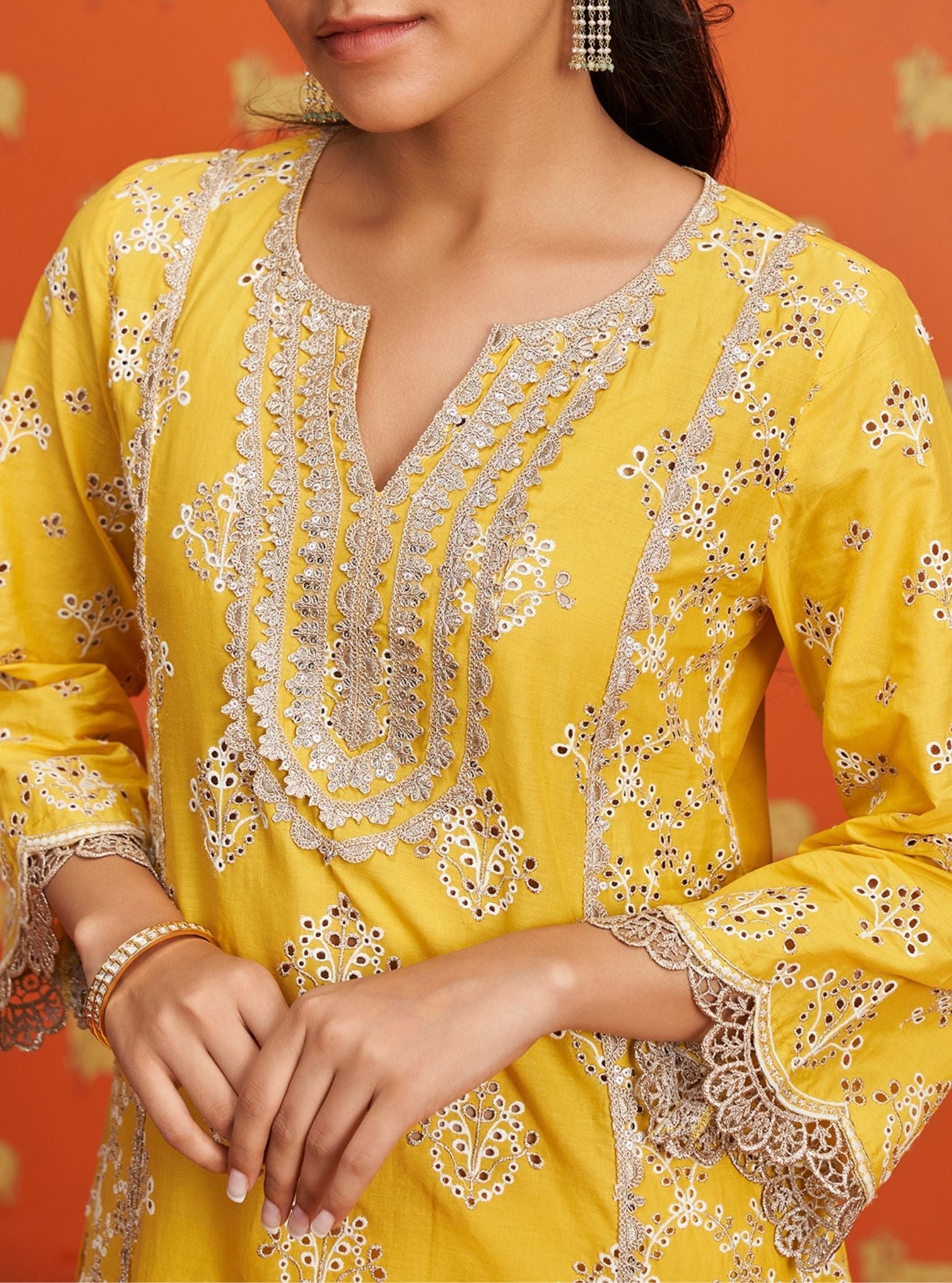 Mulmul Cotton Itsara Yellow Kurta With Mulmul Cotton Itsara Yellow Pant