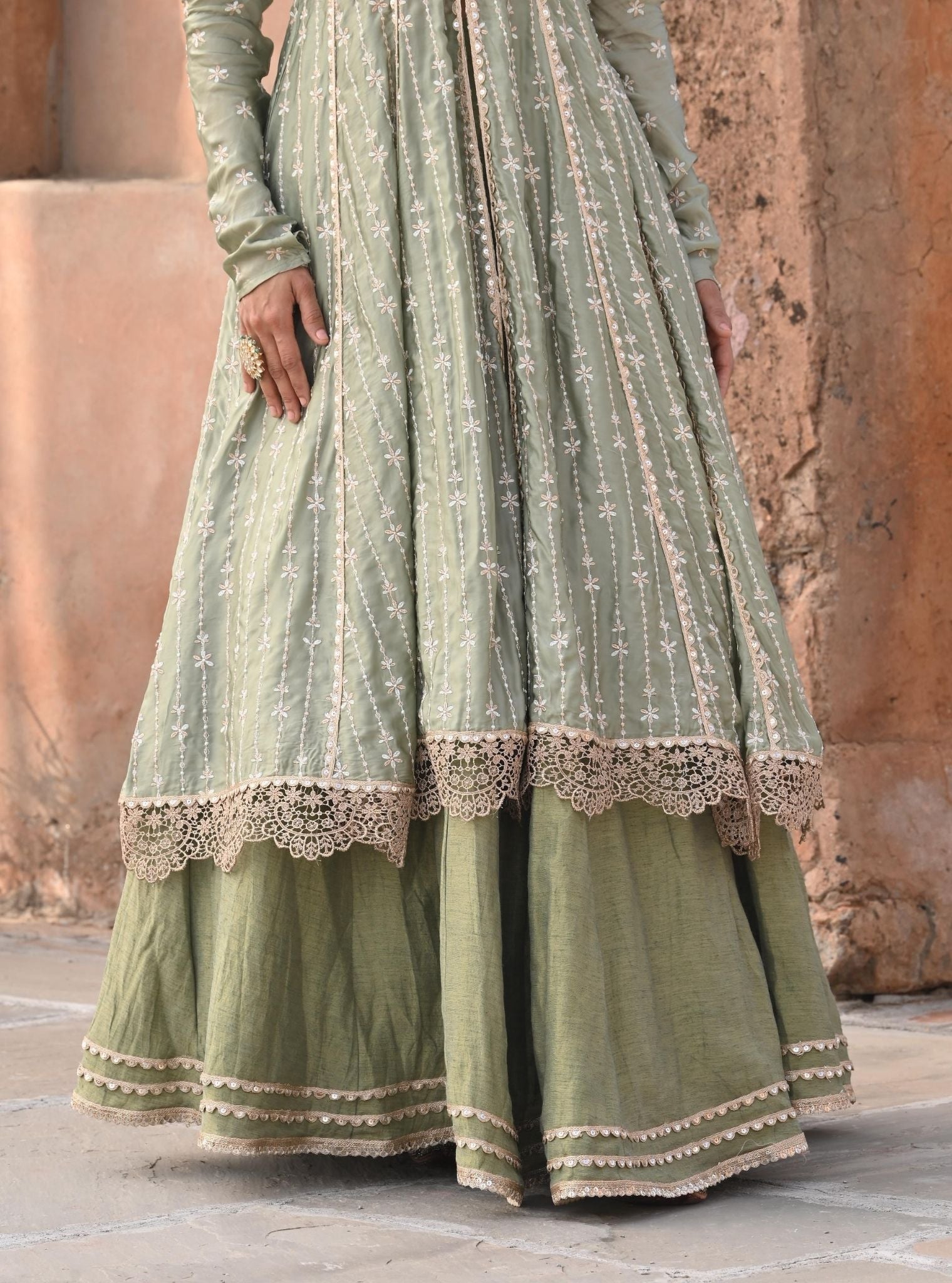 Mulmul Organza Satin Jhoom Sage Green Anarkali Kurta with Mulmul Luxe Tissue Satin Jhoom Sage Green Lehenga