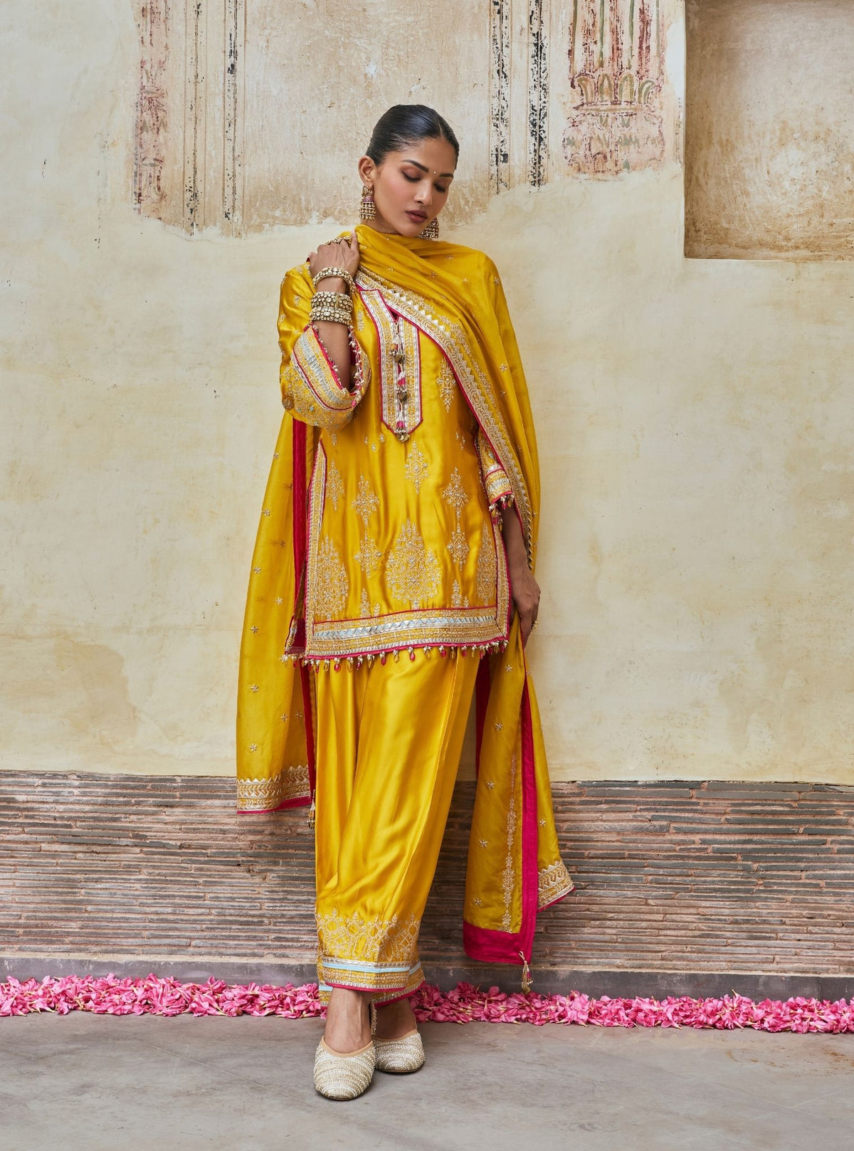 Jaani Cupro Satin Mustard Kurta Set
