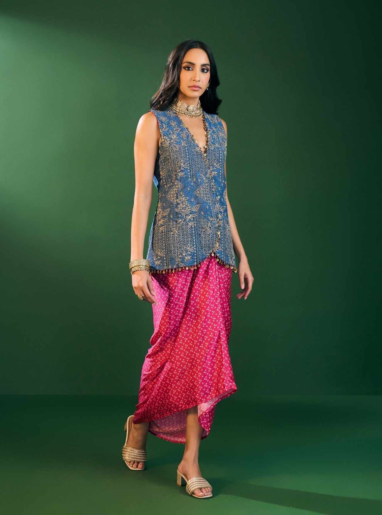 Lunira Denim Waistcoat With Cupro Satin Printed Mustard Pant