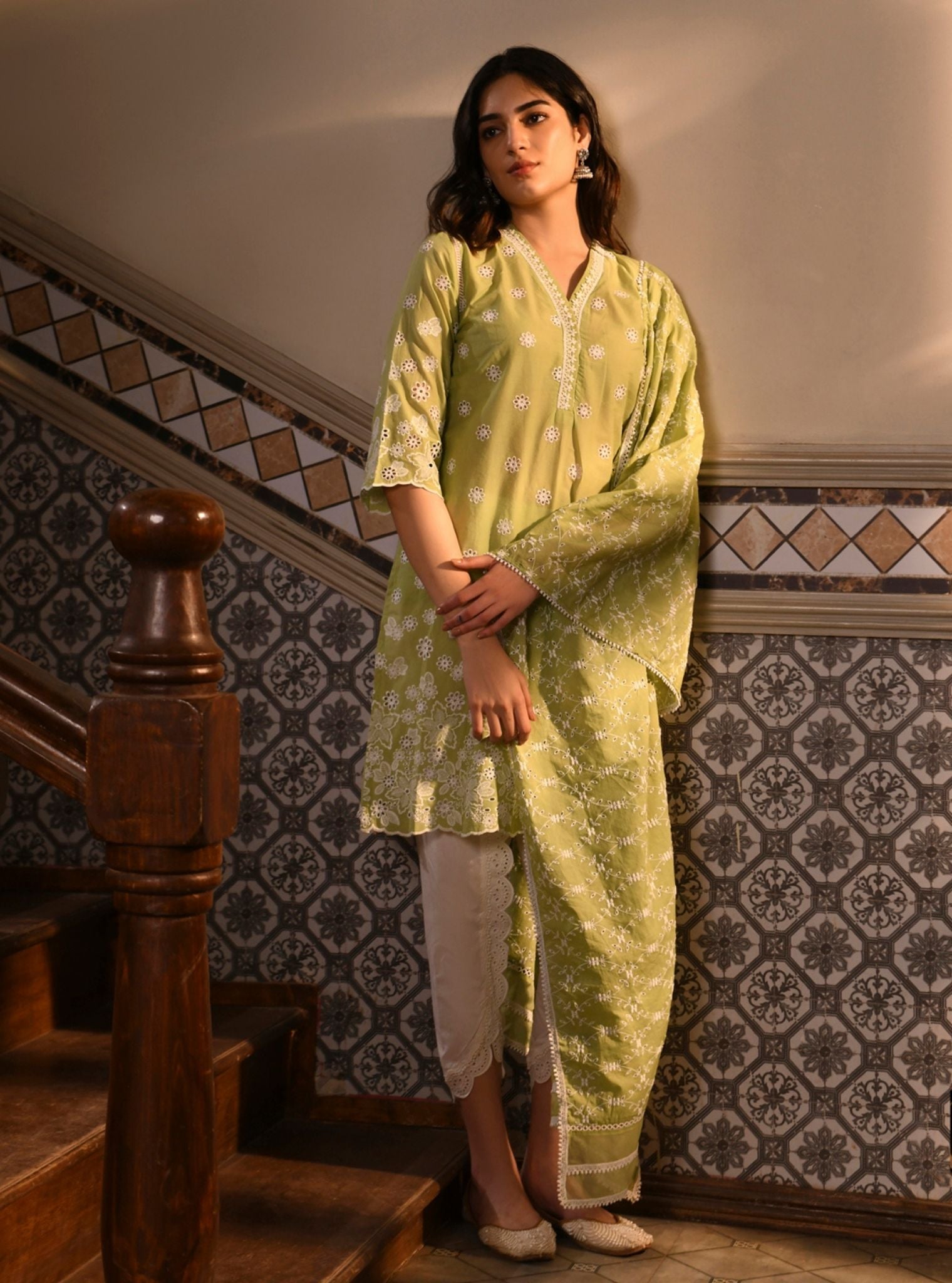 Mulmul Cotton Irsia Light Green Kurta With Mulmul Cotton Border White Dhoti Pant