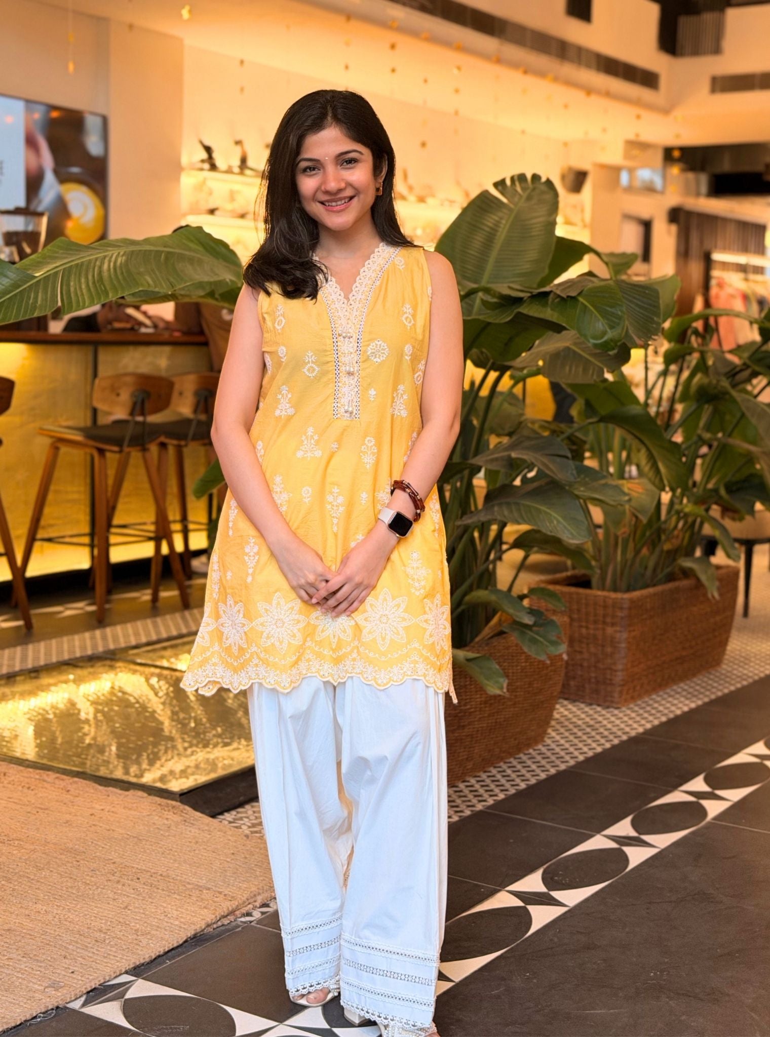 Zoa Supima Cotton Yellow Kurta With Viona White Farshi Salwar