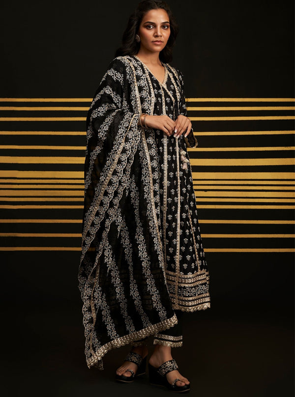 Mulmul Organza Zeke Black Kurta With Mulmul Pima Satin Zeke Black Pyajama