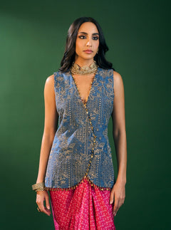 Lunira Denim Waistcoat With Cupro Satin Printed Sage Green Draped Skirt