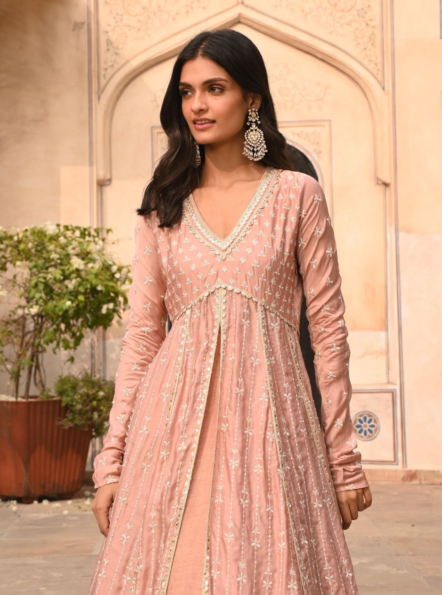 Mulmul Organza Satin Jhoom Light Pink Anarkali Kurta with Mulmul Luxe Tissue Satin Jhoom Light Pink Lehenga