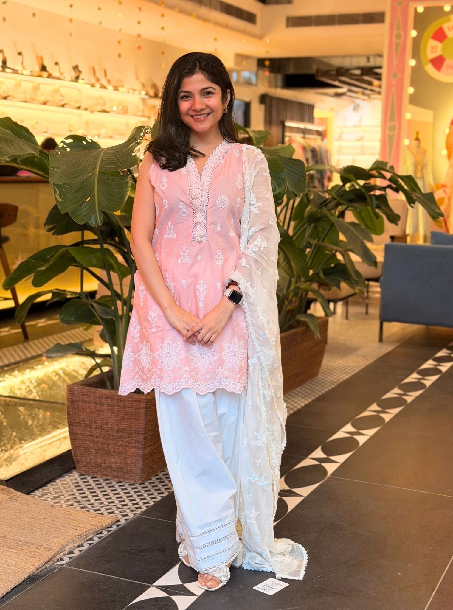 Zoa Supima Cotton Pink Kurta With Viona White Farshi Salwar