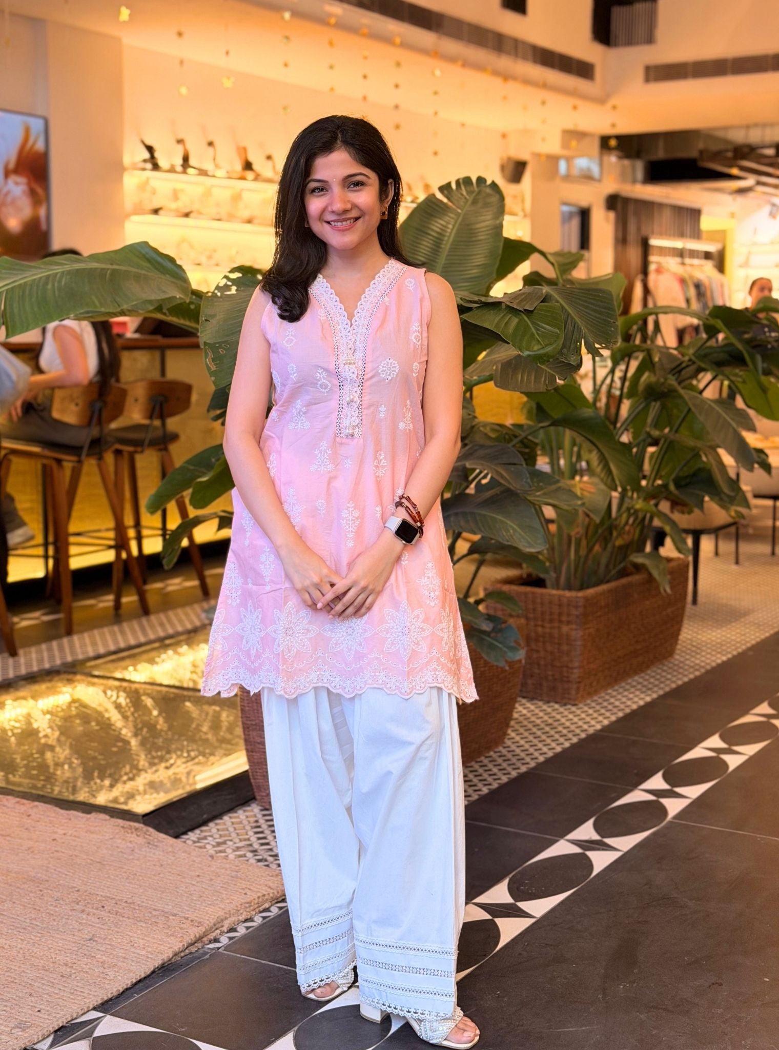Zoa Supima Cotton Pink Kurta With Viona White Farshi Salwar