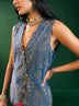 Lunira Denim Waistcoat With Cupro Satin Printed Fuschia Draped Skirt