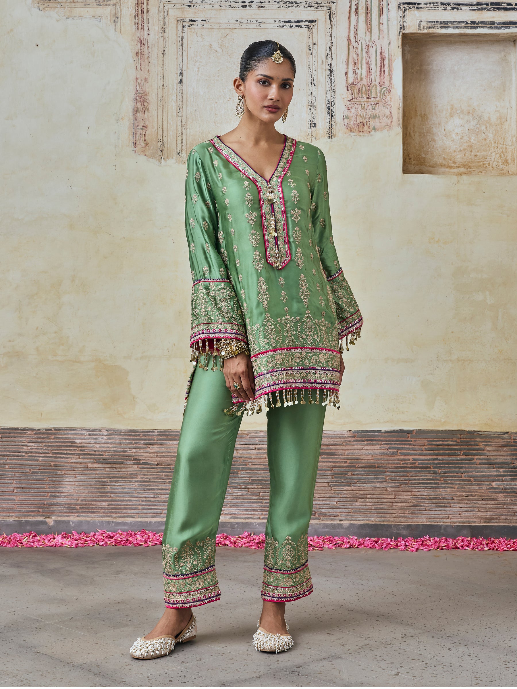 Yaira Cupro Satin Matcha Green Kurta Set