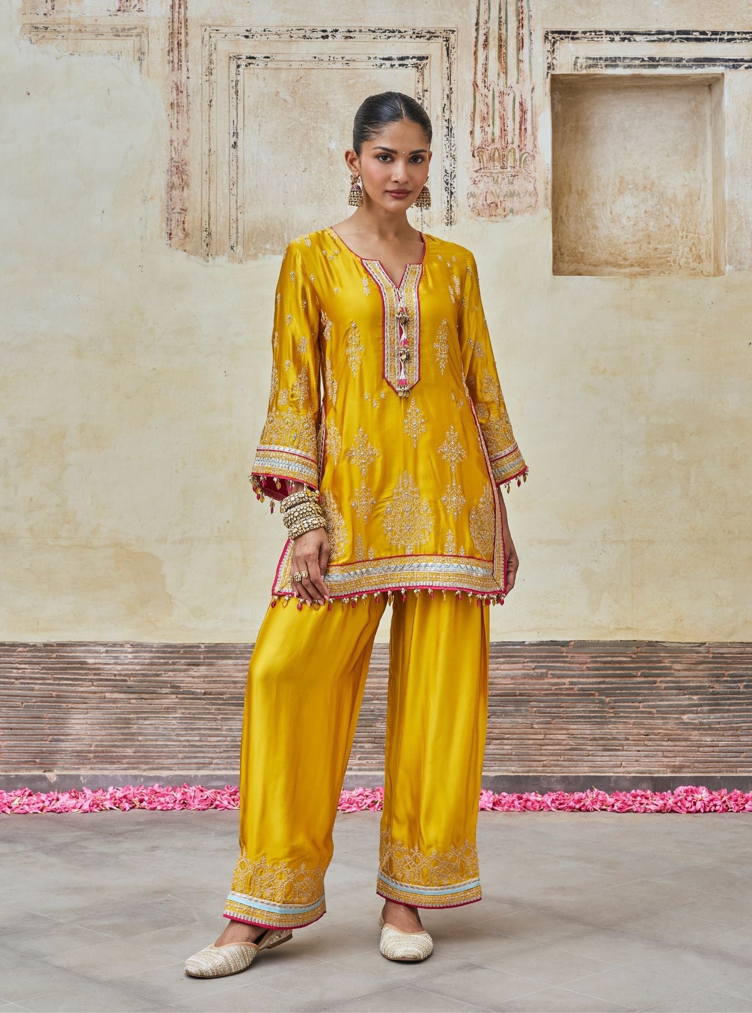Jaani Cupro Satin Mustard Kurta Set