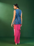 Lunira Denim Waistcoat With Cupro Satin Printed Fuschia Pant