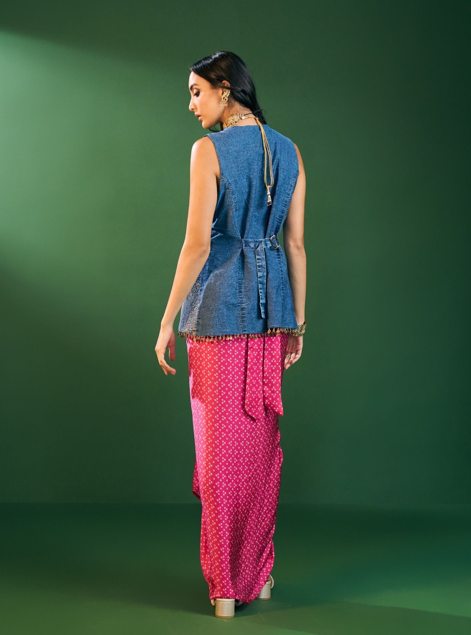 Lunira Denim Waistcoat With Cupro Satin Printed Fuschia Draped Skirt 