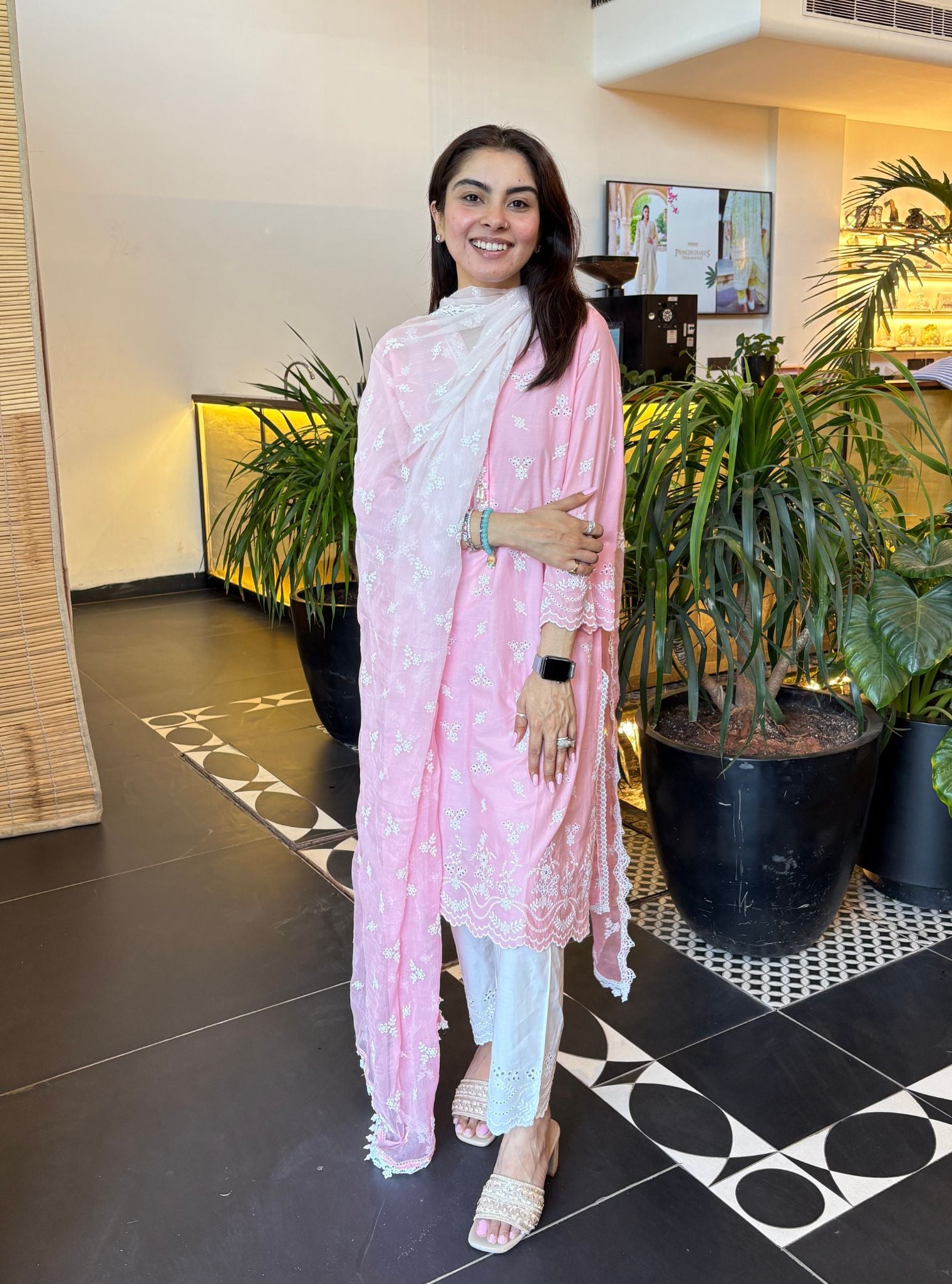 Mulmul Cotton Satari Pink Kurta With Mulmul Cotton Satari White Pant