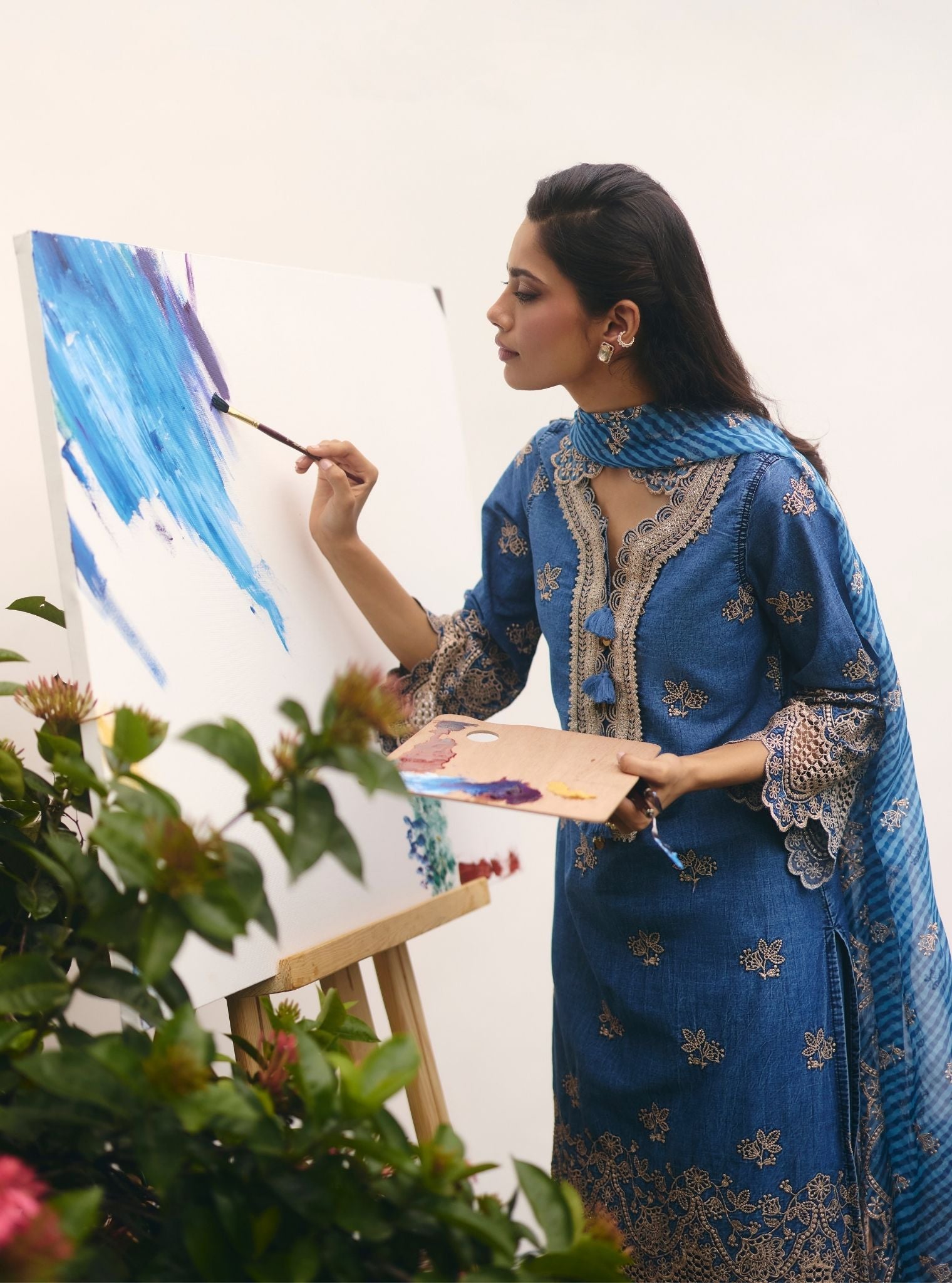 Mulmul Organza Stripe Printed Luri Denim Dupatta