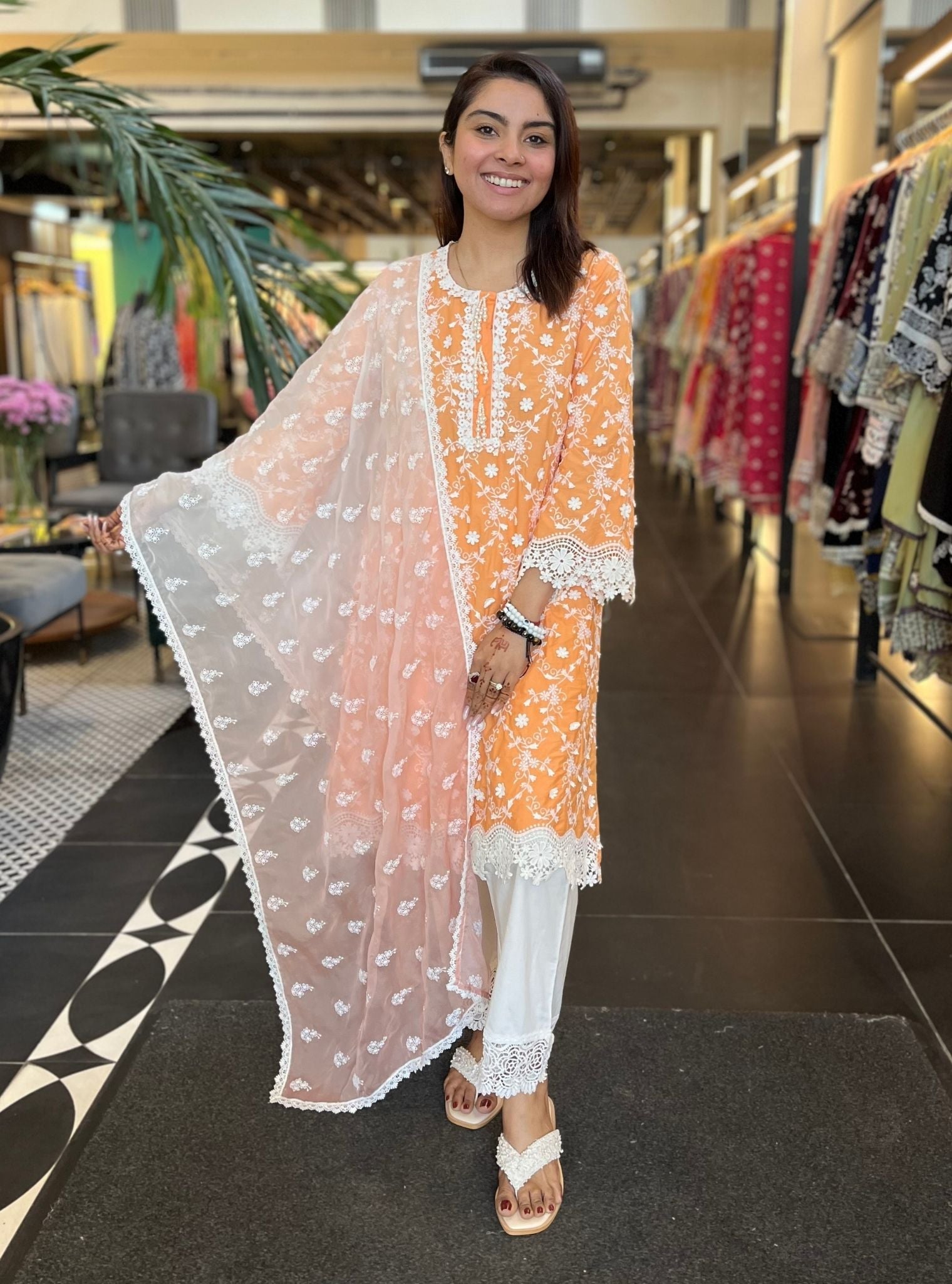 Mulmul Cotton BayBreeze Orange Kurta With Mulmul Cotton Floral Chemical Lace White Pant