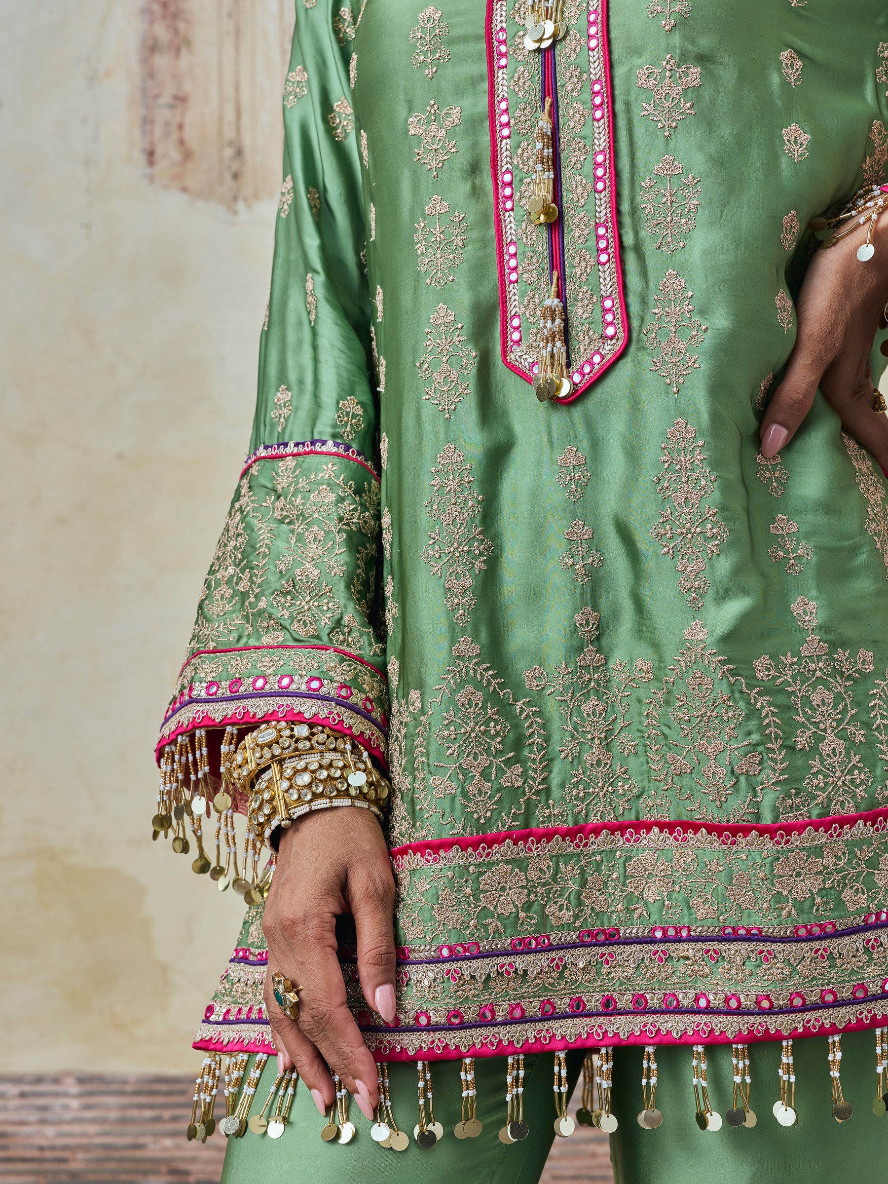 Yaira Cupro Satin Matcha Green Kurta Set