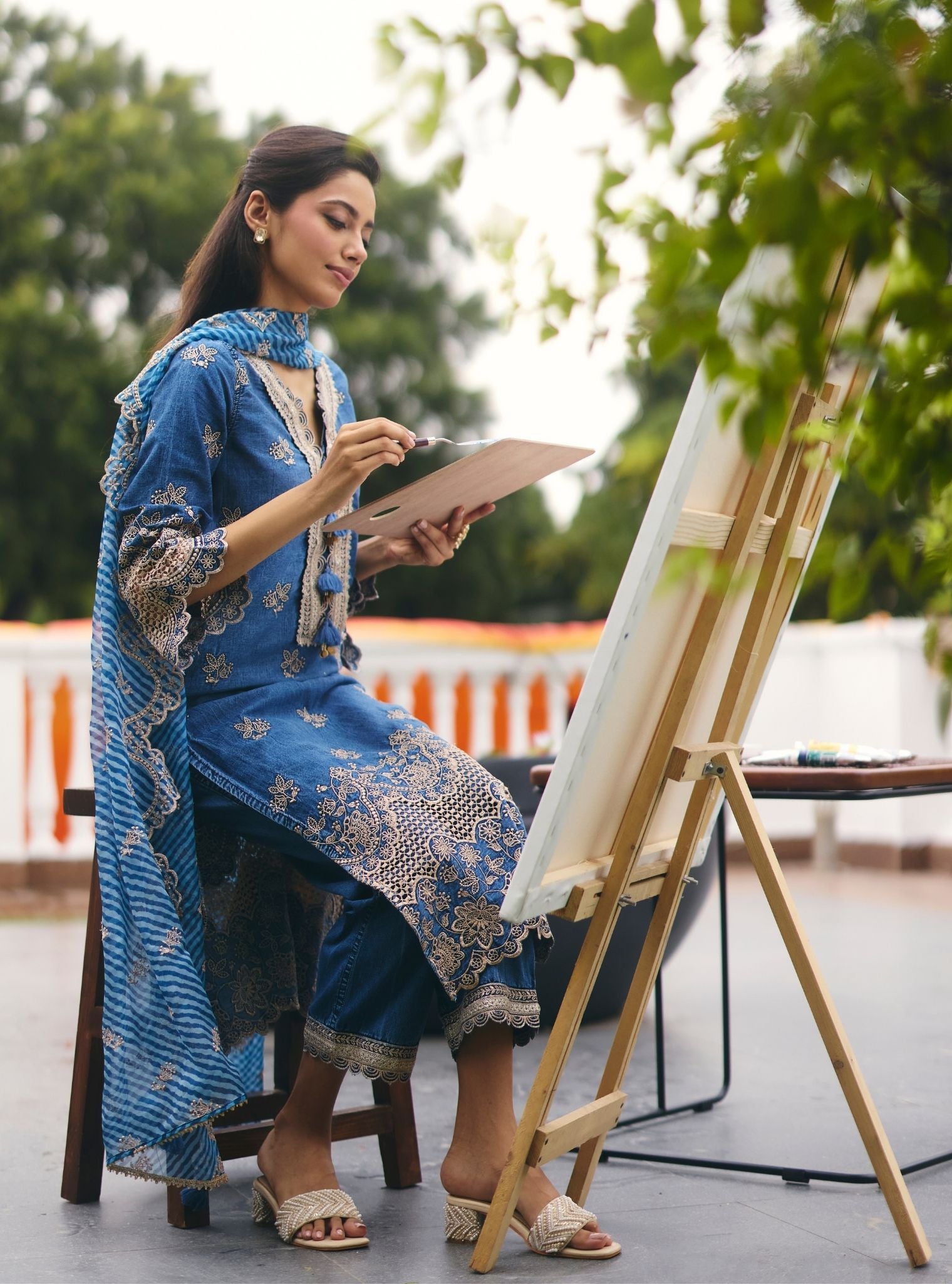 Mulmul Organza Stripe Printed Luri Denim Dupatta