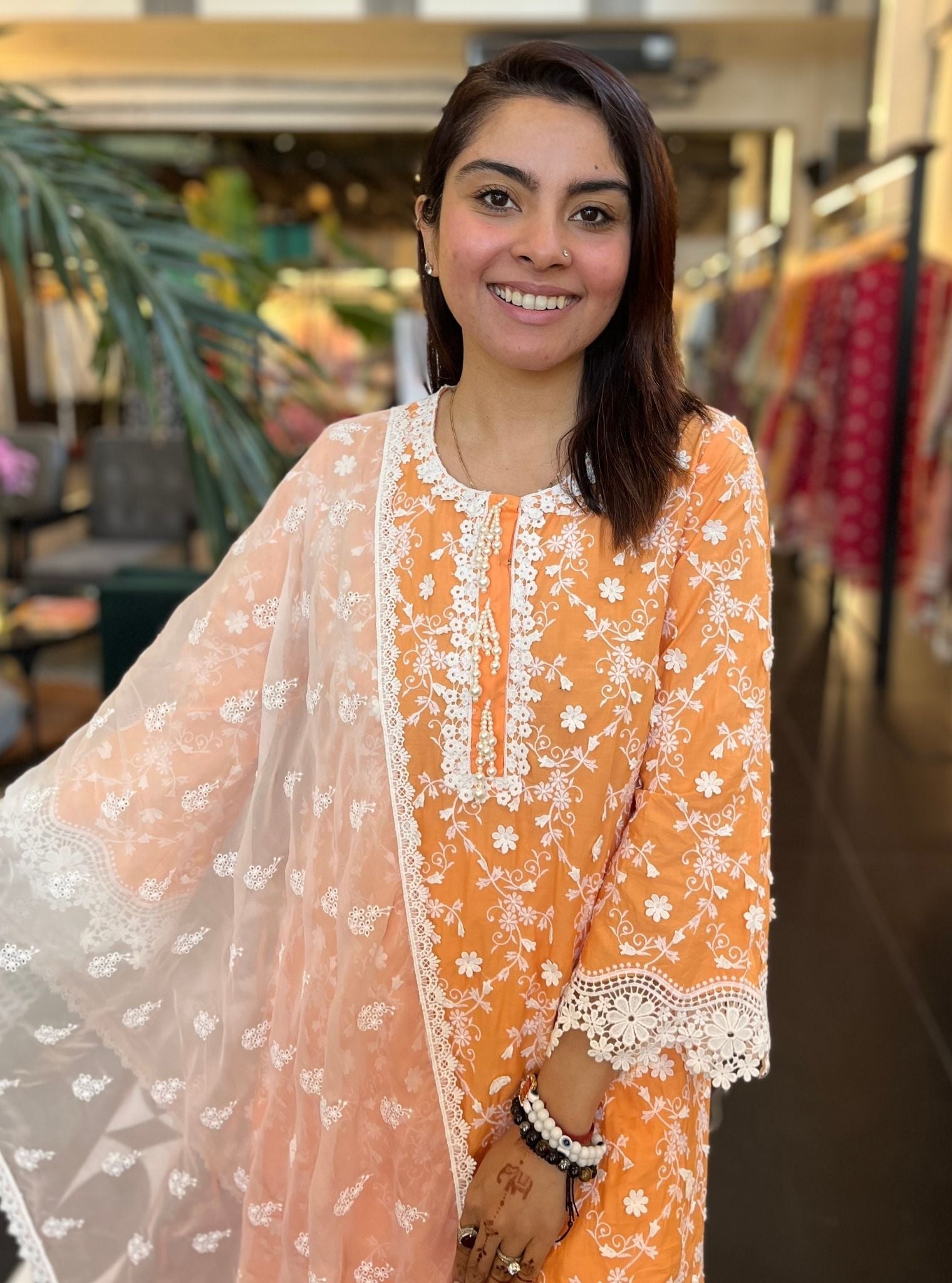 Mulmul Cotton BayBreeze Orange Kurta With Mulmul Cotton Floral Chemical Lace White Pant