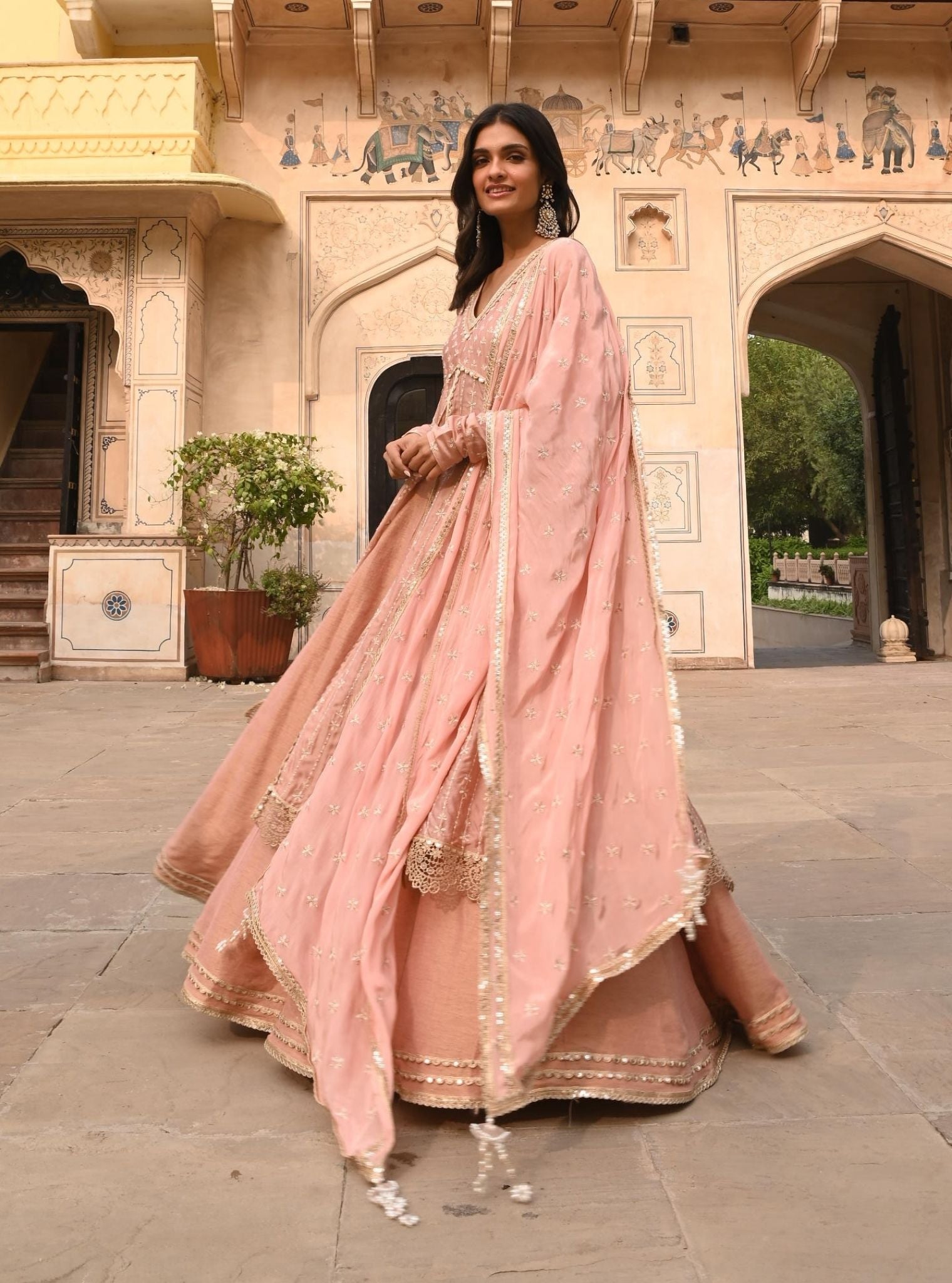 Mulmul Organza Satin Jhoom Light Pink Anarkali Kurta with Mulmul Luxe Tissue Satin Jhoom Light Pink Lehenga