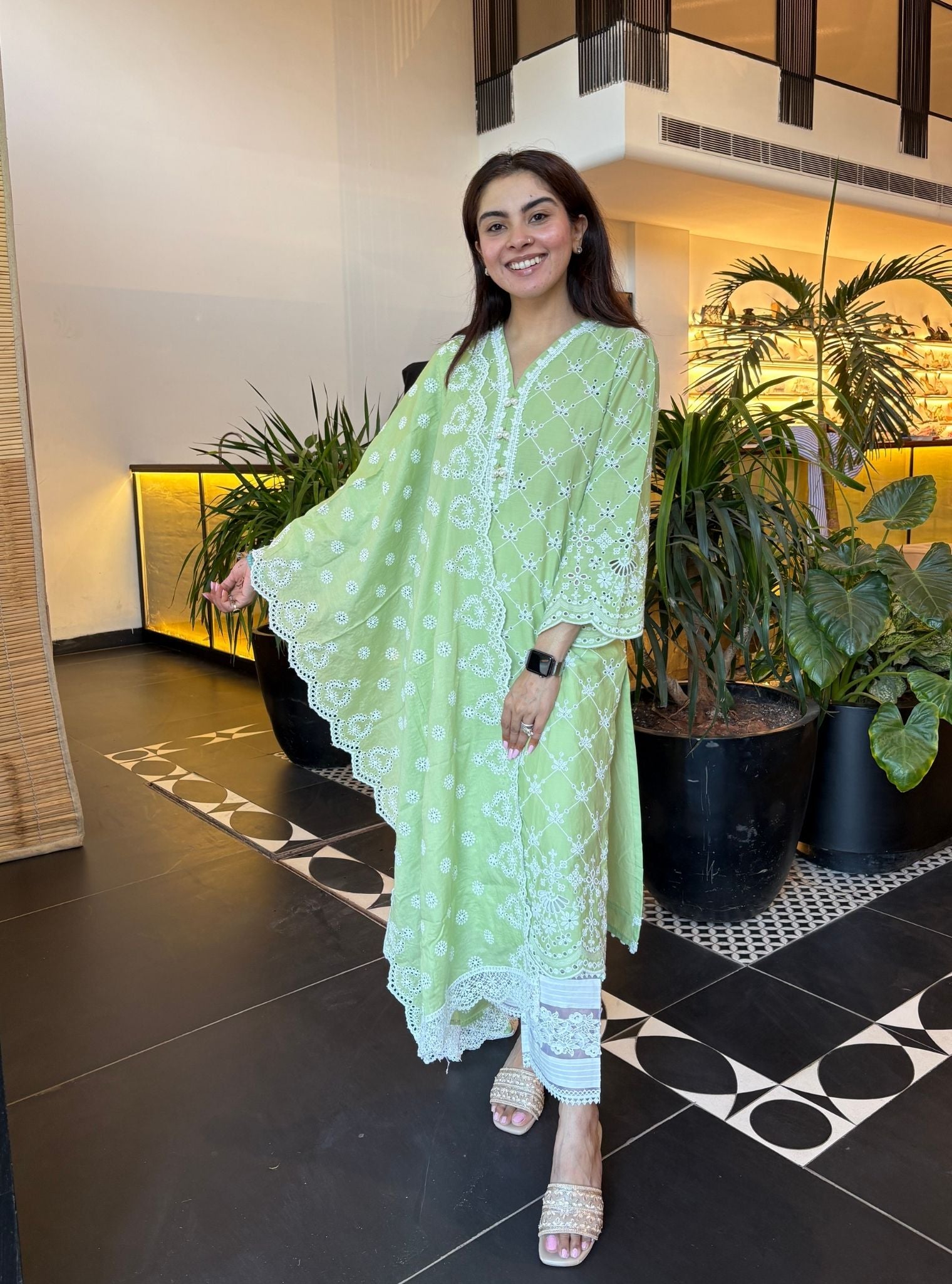 Mulmul Cotton Perth Green Kurta With New Pintuck White Pant