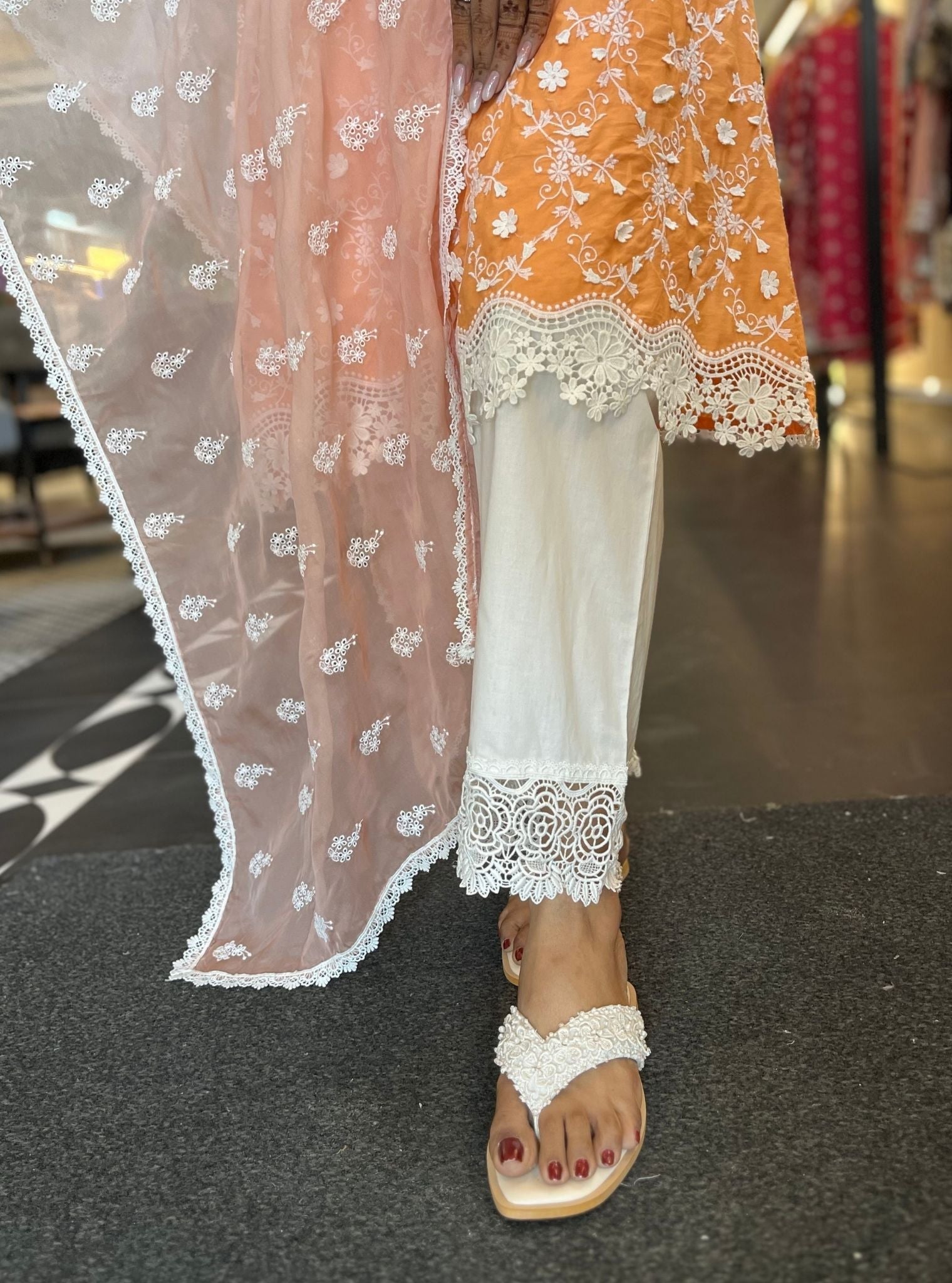 Mulmul Cotton BayBreeze Orange Kurta With Mulmul Cotton Floral Chemical Lace White Pant