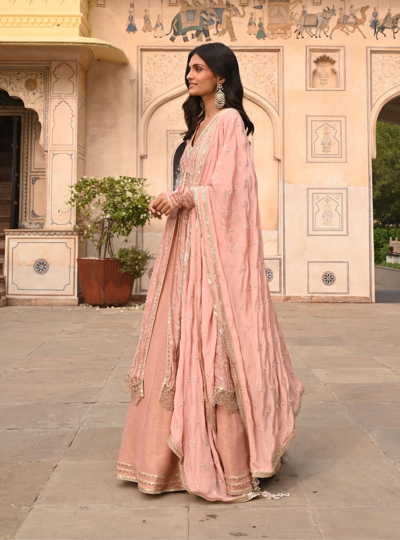 Mulmul Organza Satin Jhoom Light Pink Anarkali Kurta with Mulmul Luxe Tissue Satin Jhoom Light Pink Lehenga