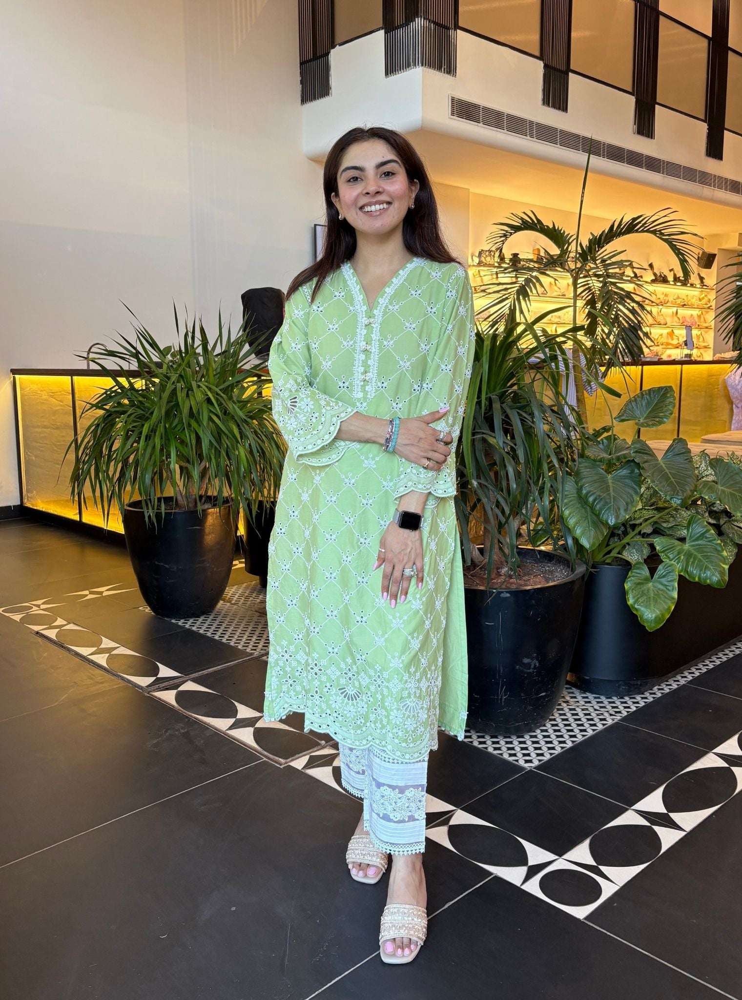 Mulmul Cotton Perth Green Kurta With New Pintuck White Pant