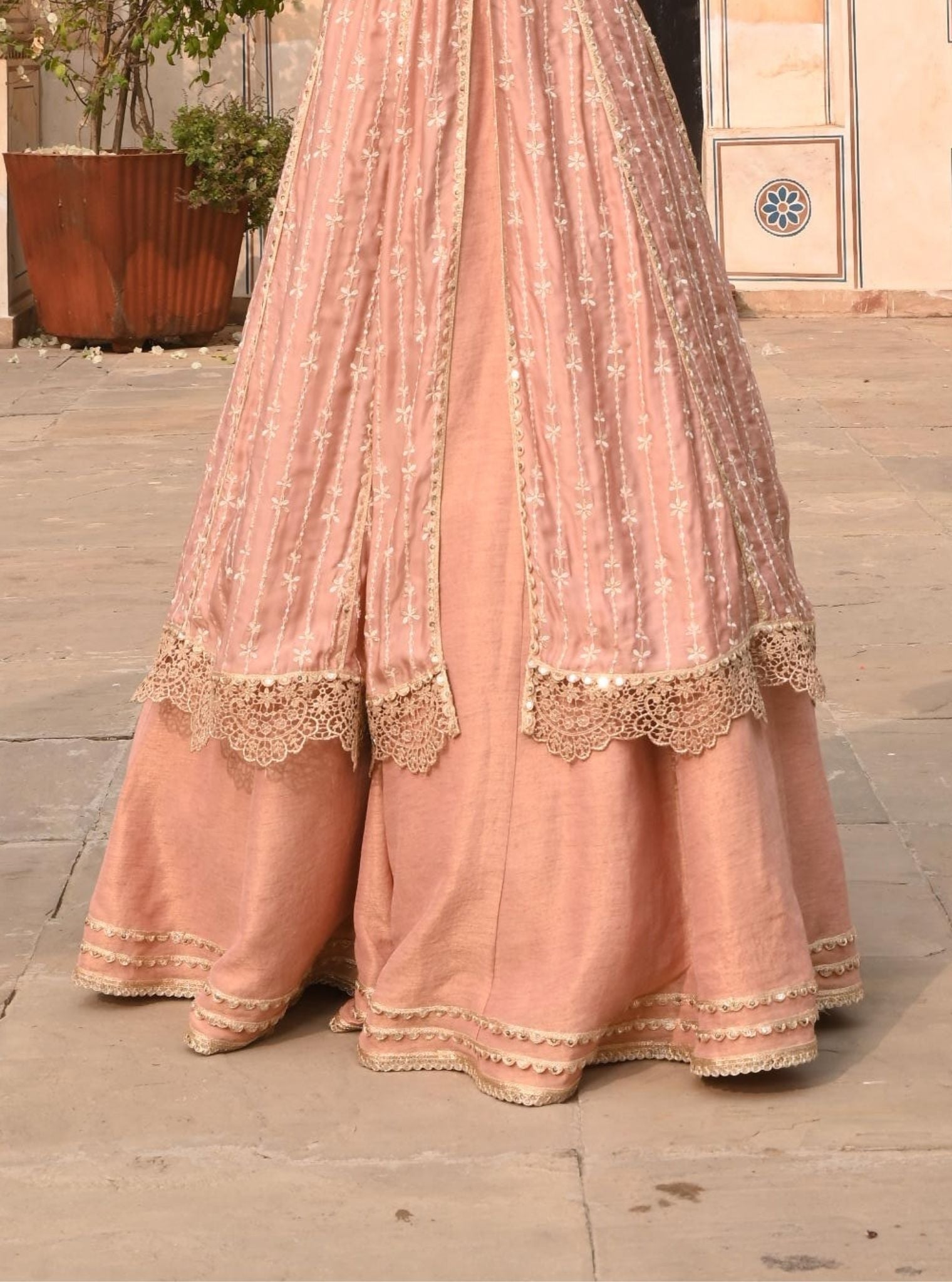 Mulmul Organza Satin Jhoom Light Pink Anarkali Kurta with Mulmul Luxe Tissue Satin Jhoom Light Pink Lehenga