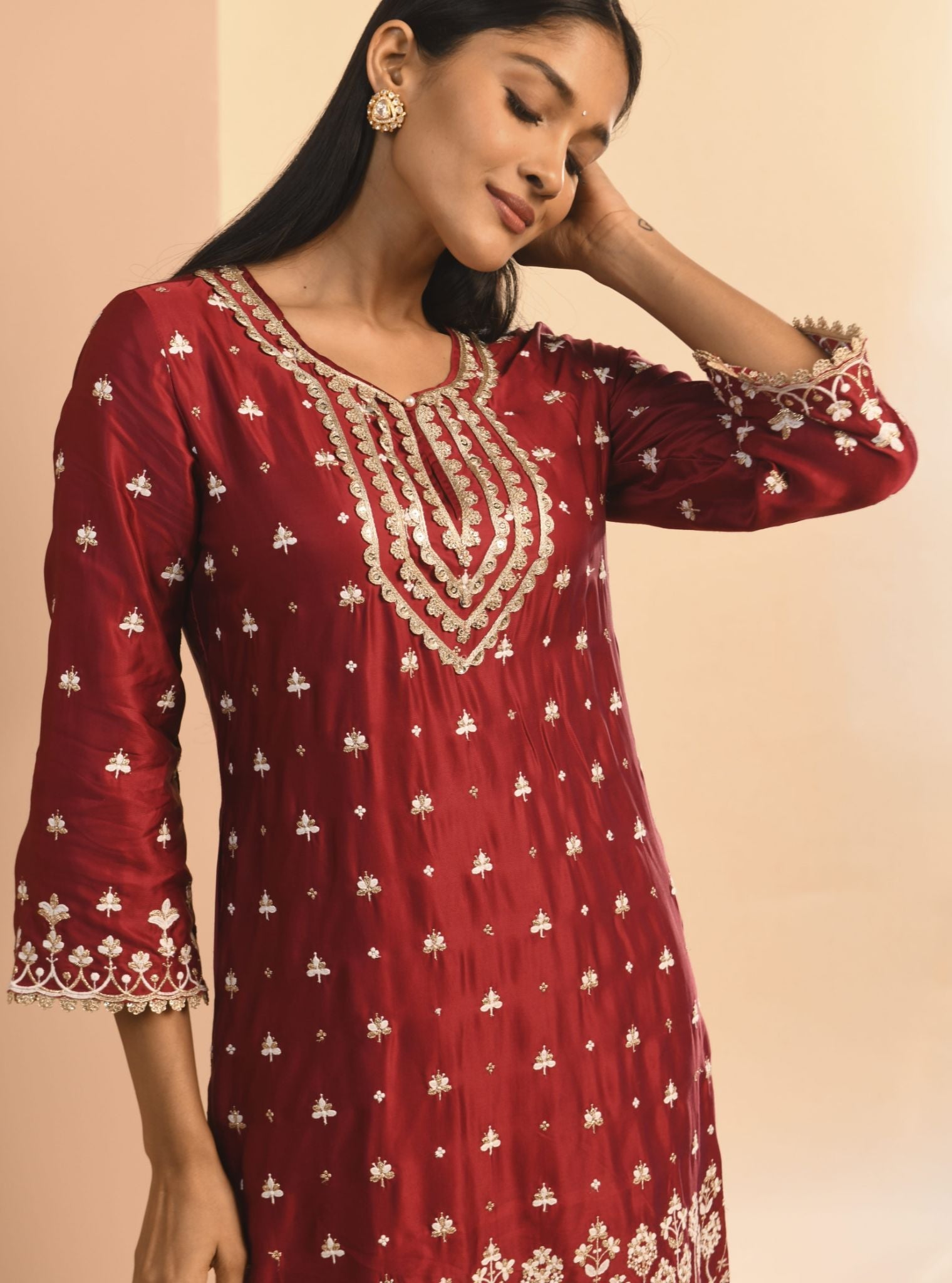 Mulmul Cupro Aarya Wine Kurta With Mulmul Cupro Aarya Wine Pant