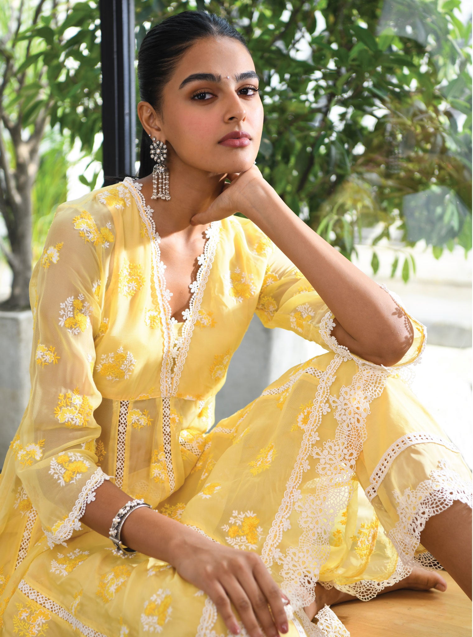 Mulmul Organza Stirling Yellow Anarkali Kurta With Cotton Stirling Yellow Pant