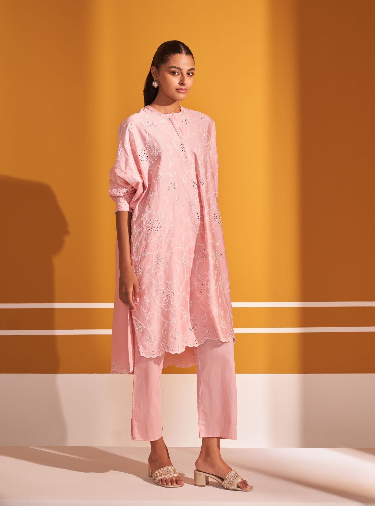 Mulmul Pima Satin Eldon Pink Kurta with Mulmul Pima Satin Eldon Pink Pant