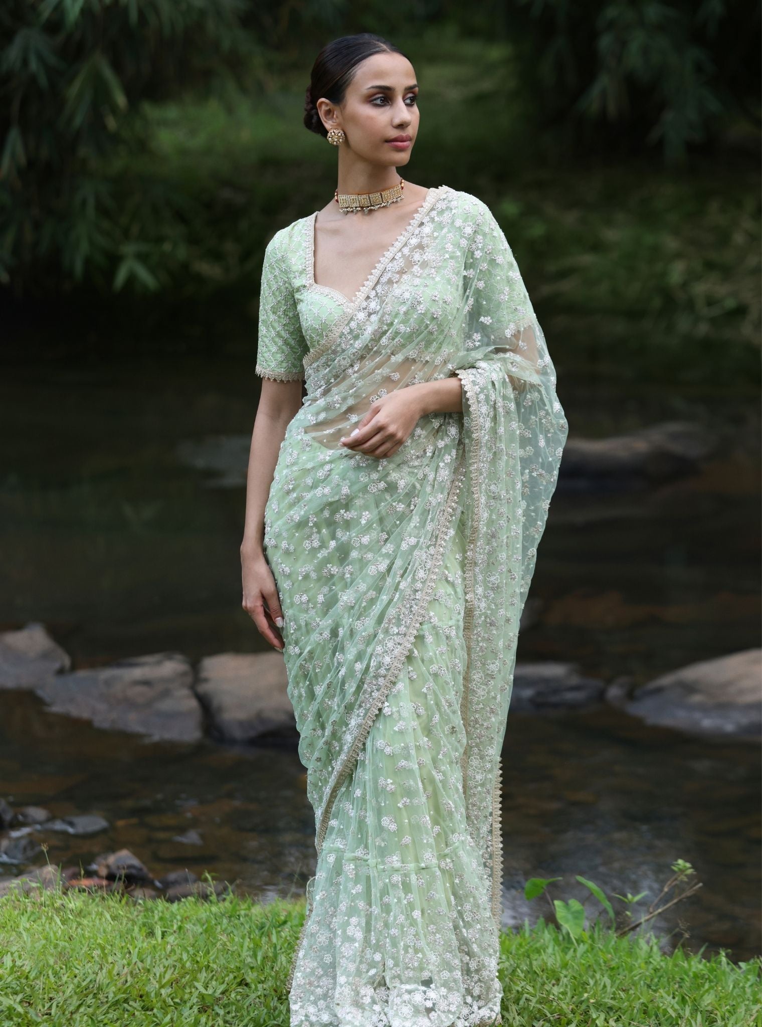 Mulmul Lurex Organza Kala Green Saree