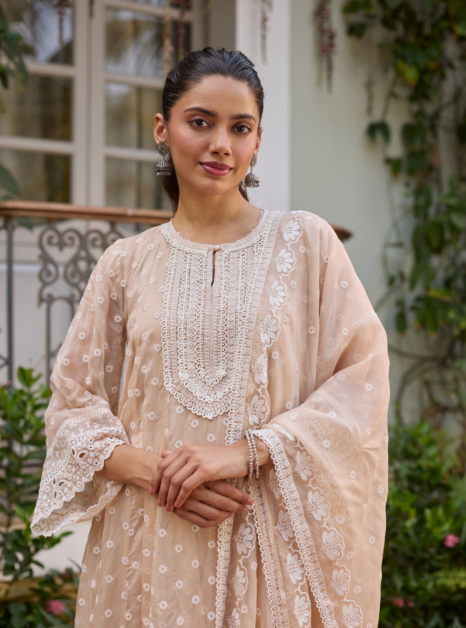 Hena Organza Biege Anarkali Set