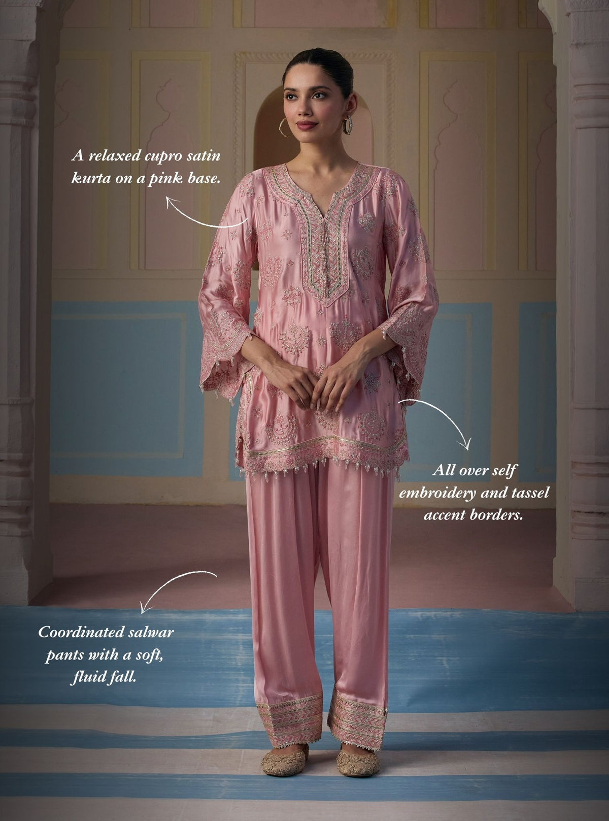 Jori Cupro Satin Pink Kurta With Farshi Salwar