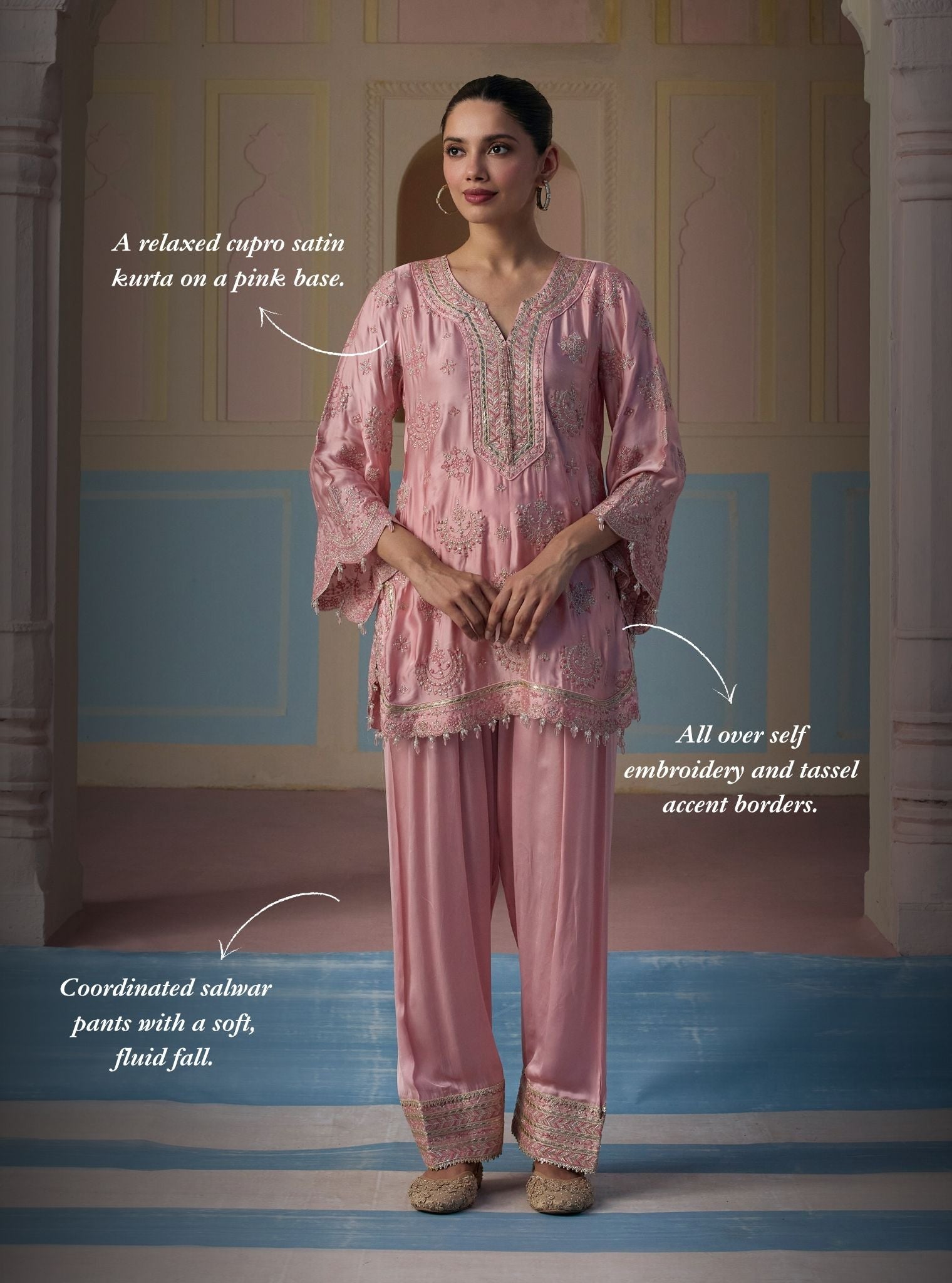 Jori Cupro Satin Pink Kurta With Farshi Salwar