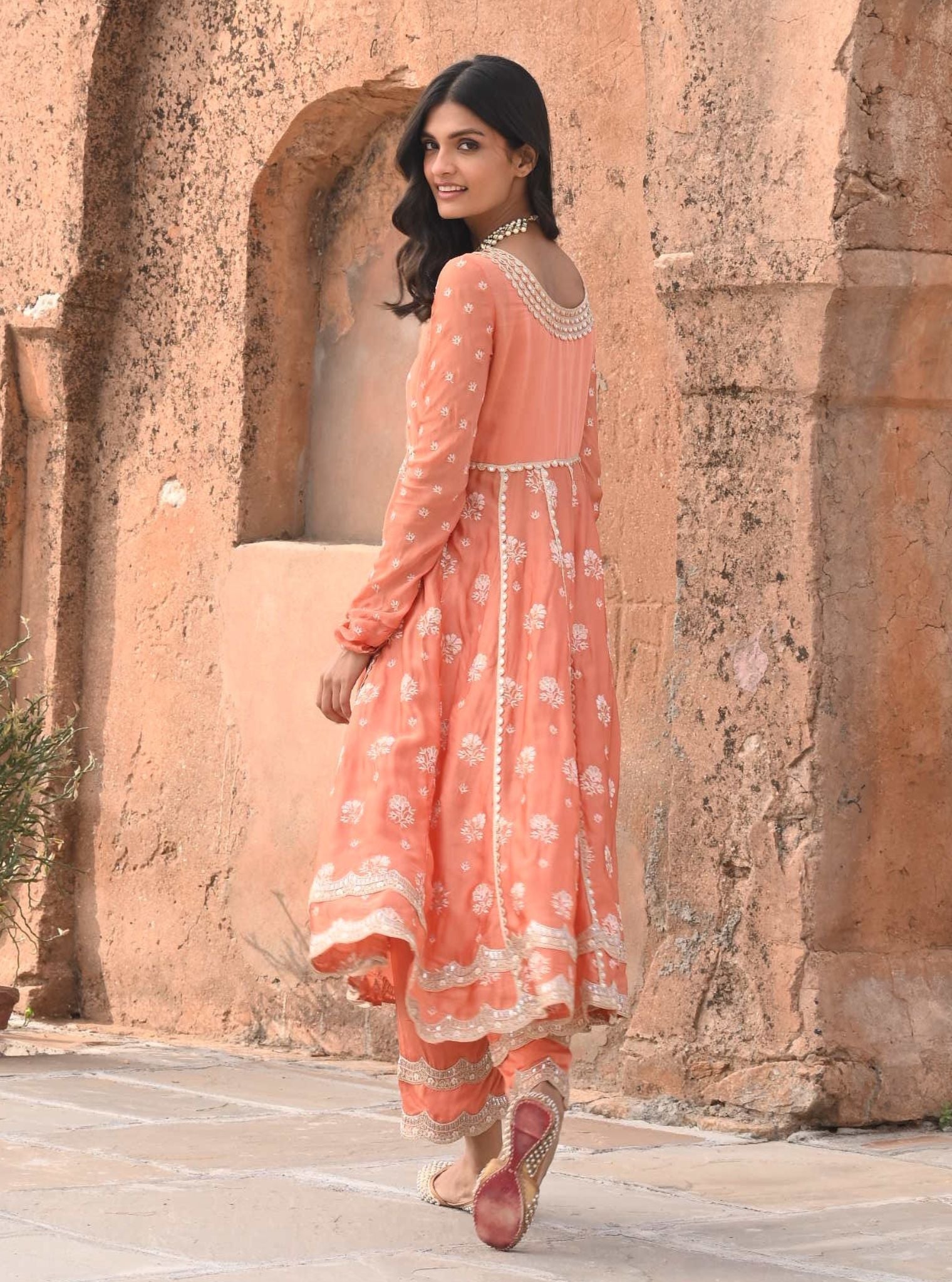 Mulmul Organza Satin Tareefan Burnt Orange Anarkali Kurta With Mulmul