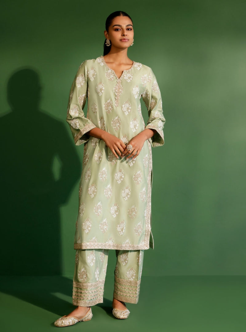 Pensri Pima Satin Green Kurta Set