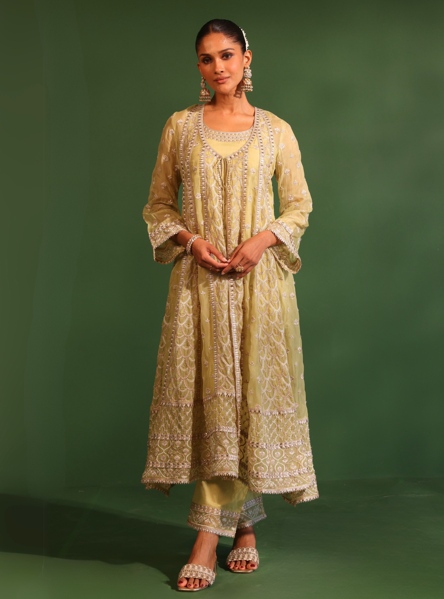 Mulmul Organza Dilruba Lime Green Anarkali Kurta With Mulmul Pima Satin Dilruba Lime Green Pant