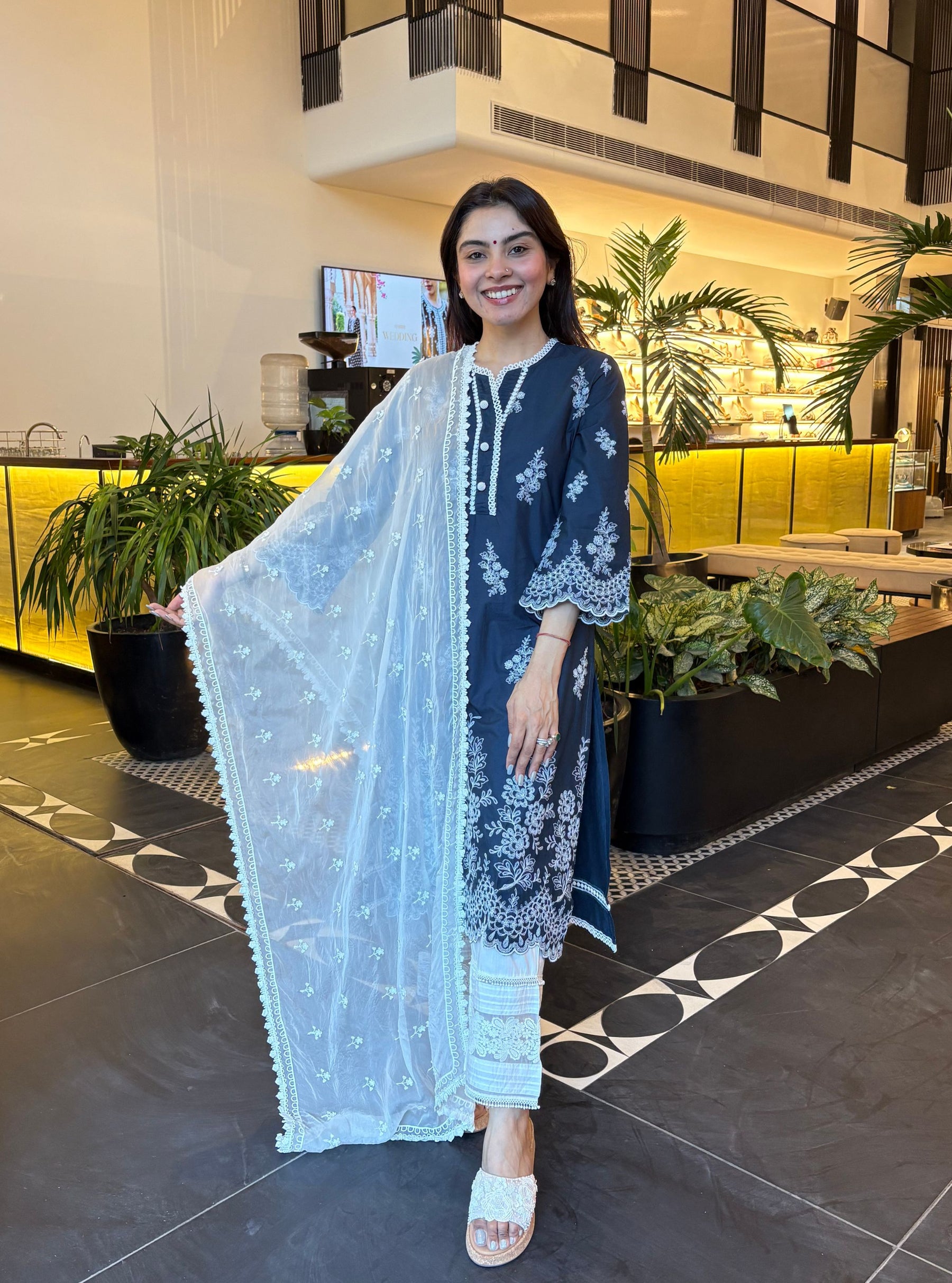 Moon Light Cotton Navy Kurta With New Pintuck White Pant