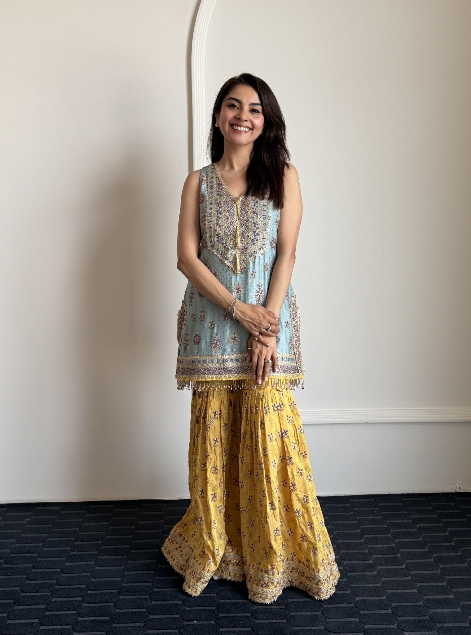 Dali Banarasi Blue Kurta with Mustard Garara