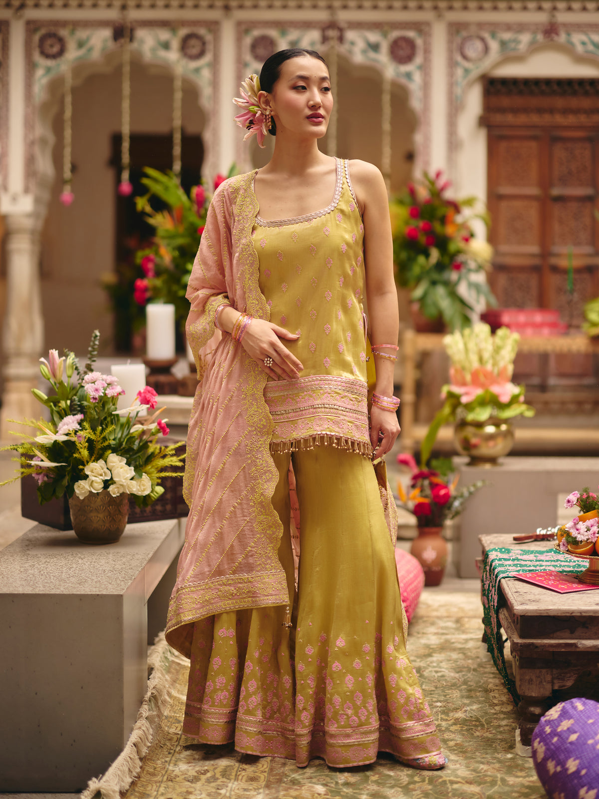 Jugal Bemberg Tissue Lime Kurta with Sharara