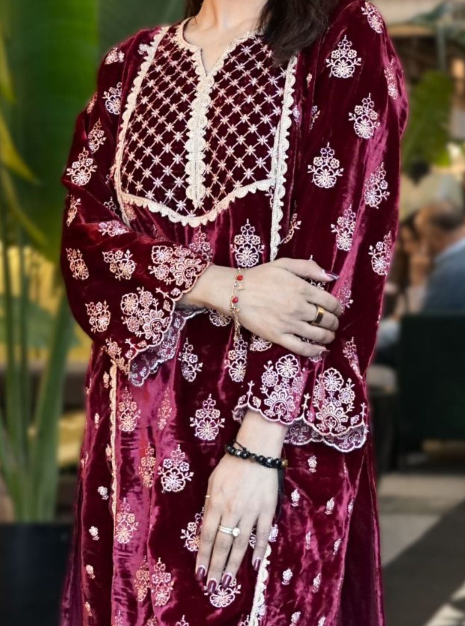 Ghazal Velvet Wine Kurta Set