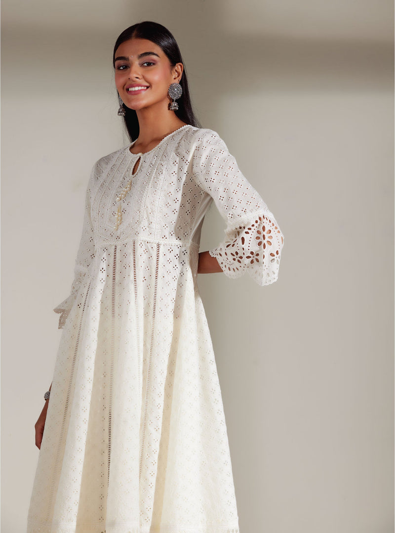 Arris Supima Cotton Anarkali Green Kurta with Saanjh White Pant Set